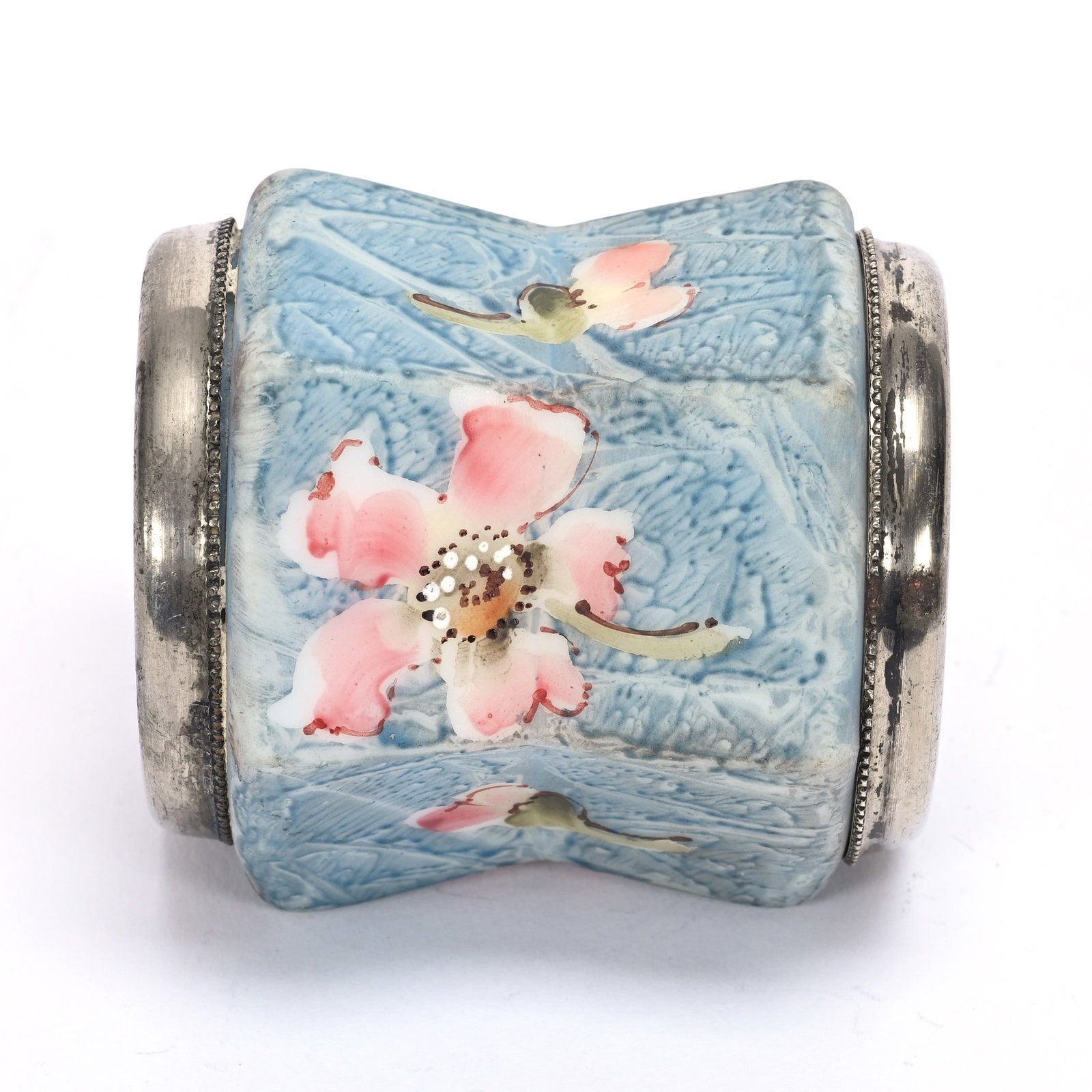 Napkin Ring, Unmarked Kelva Art Glass: Napkin Ring, Unmarked Kelva Art Glass, 2.25" x 2", Six-Sided, Blue Mottled Ground, Pink Floral Decor, Private Illinois Collection.