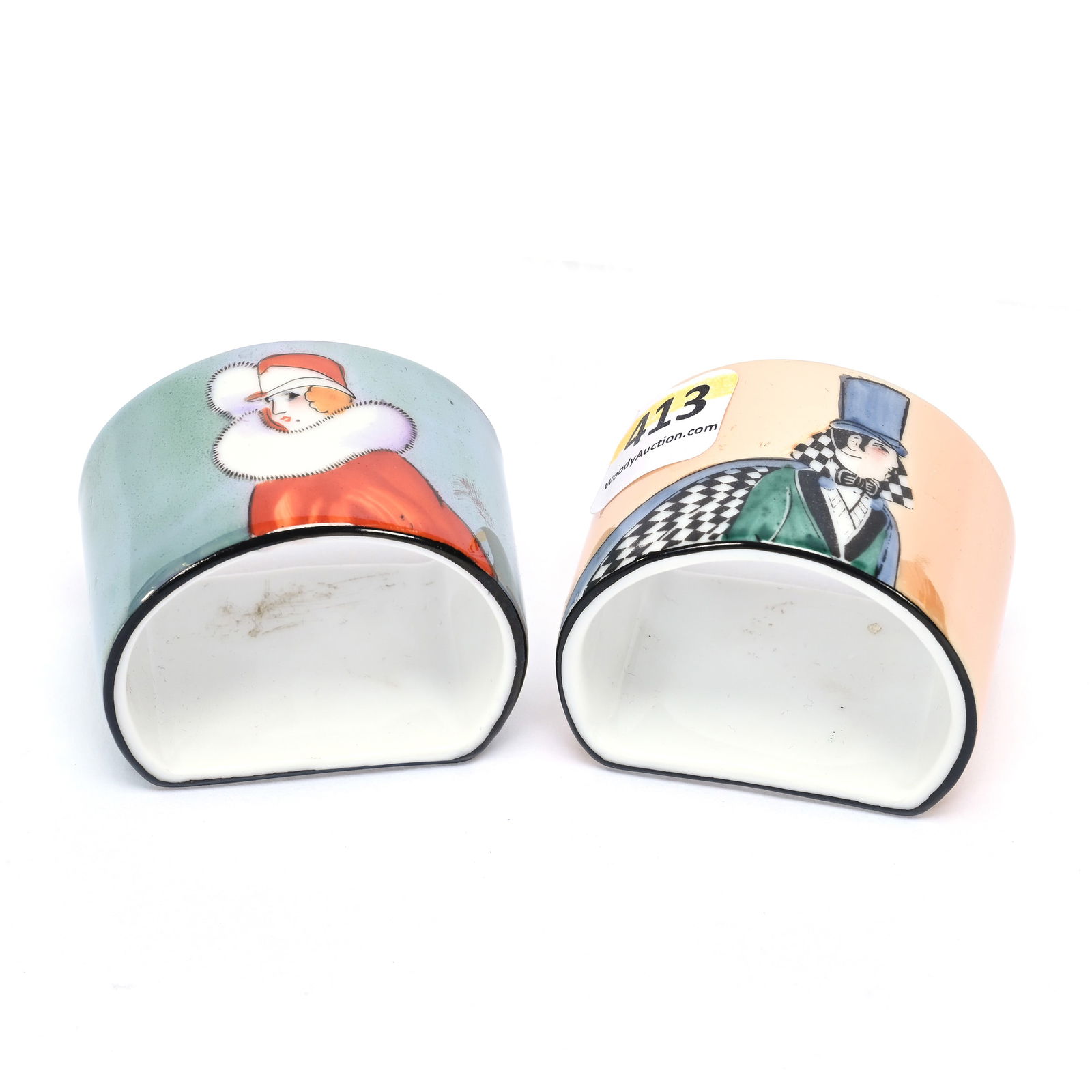 Pair Napkin Rings Marked Noritake Porcelain: Pair Napkin Rings Marked Noritake Porcelain, 1.75" x 2", Portraits Of Man And Woman, Private Illinois Collection.