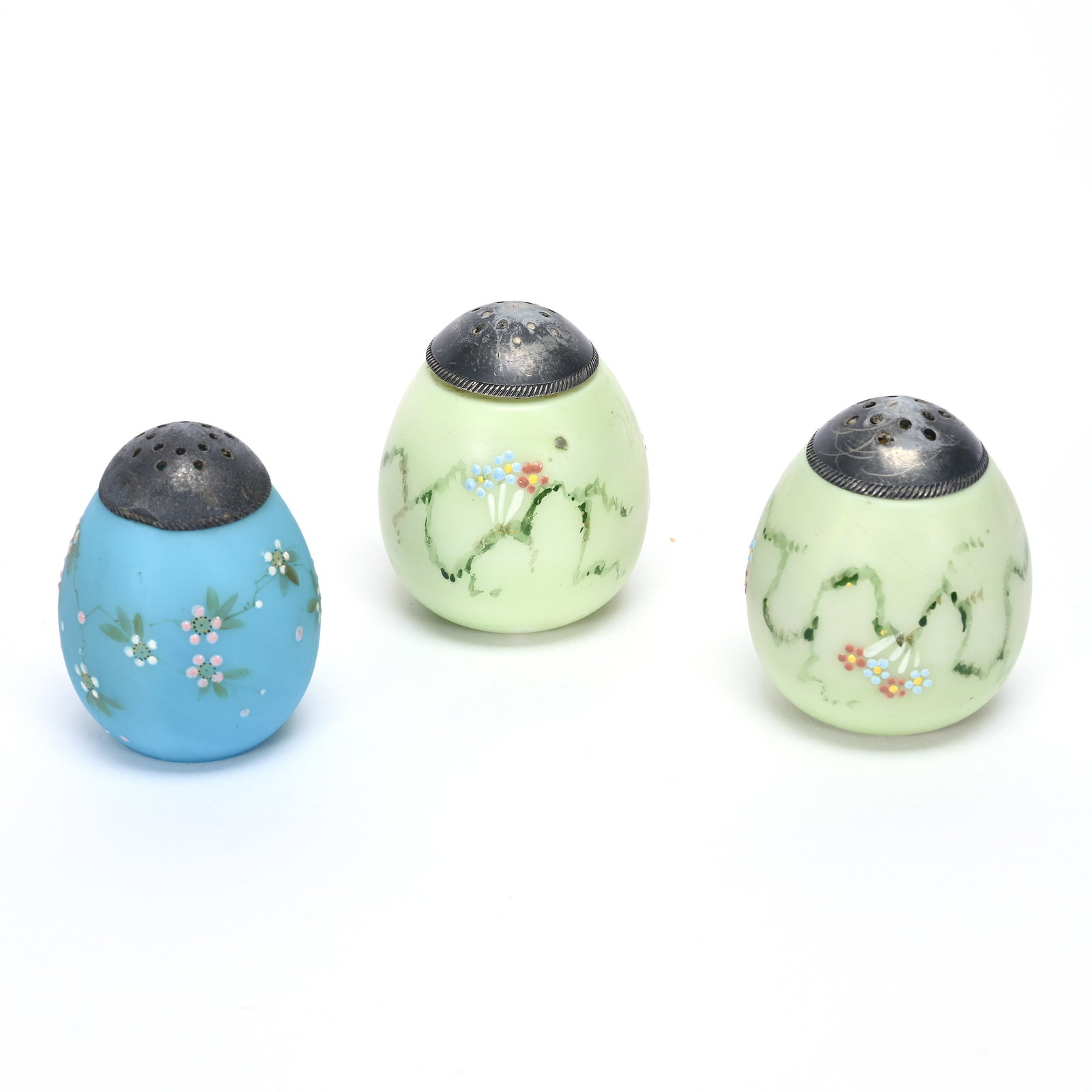 (3) Saltshakers, Egg Shape: (3) Saltshakers, Egg Shape, 2.5" x 2", (1) Pair Green With Enamel Floral Decor, (1) Blue, Private Illinois Collection.