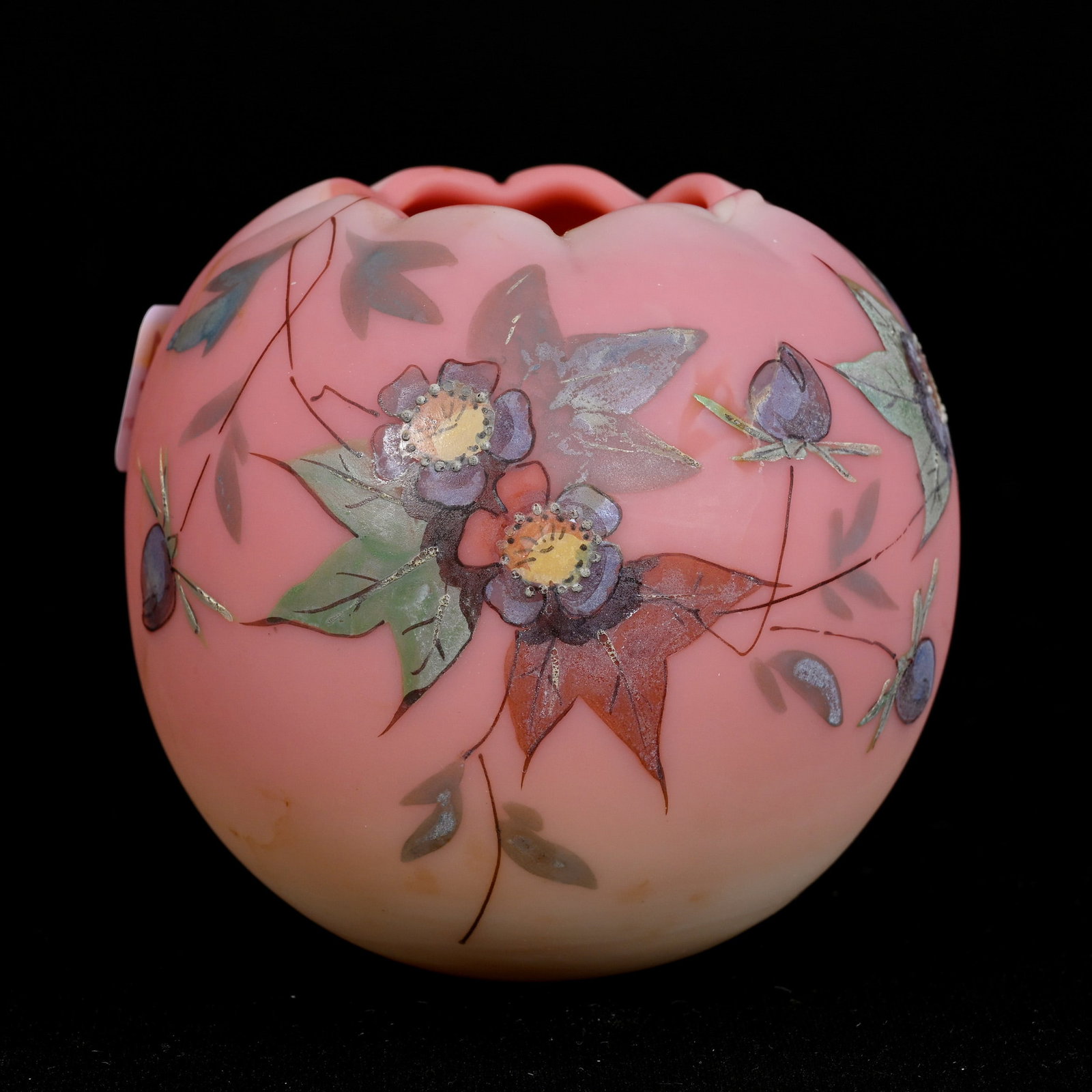 Rosebowl, Decorated Burmese Art Glass: Rosebowl, Decorated Burmese Art Glass, 3.25" x 3.25", Hawthorne Pattern By Webb, Private Illinois Collection.