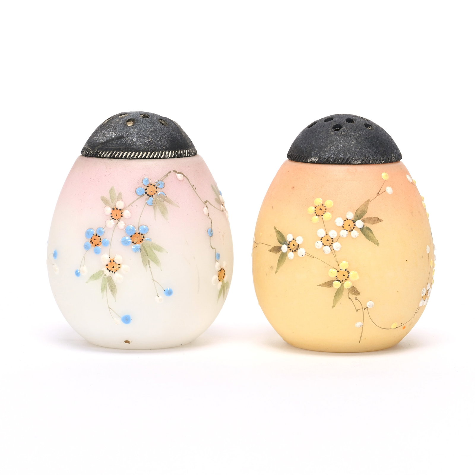 Pair Saltshakers, Egg Shape, Mt. Washington: Pair Saltshakers, Egg Shape, Mt. Washington, 2.5" x 2", (1) Pink & White, (1) Burmese, Both Have Enamel Floral Decor, Private Illinois Collection.