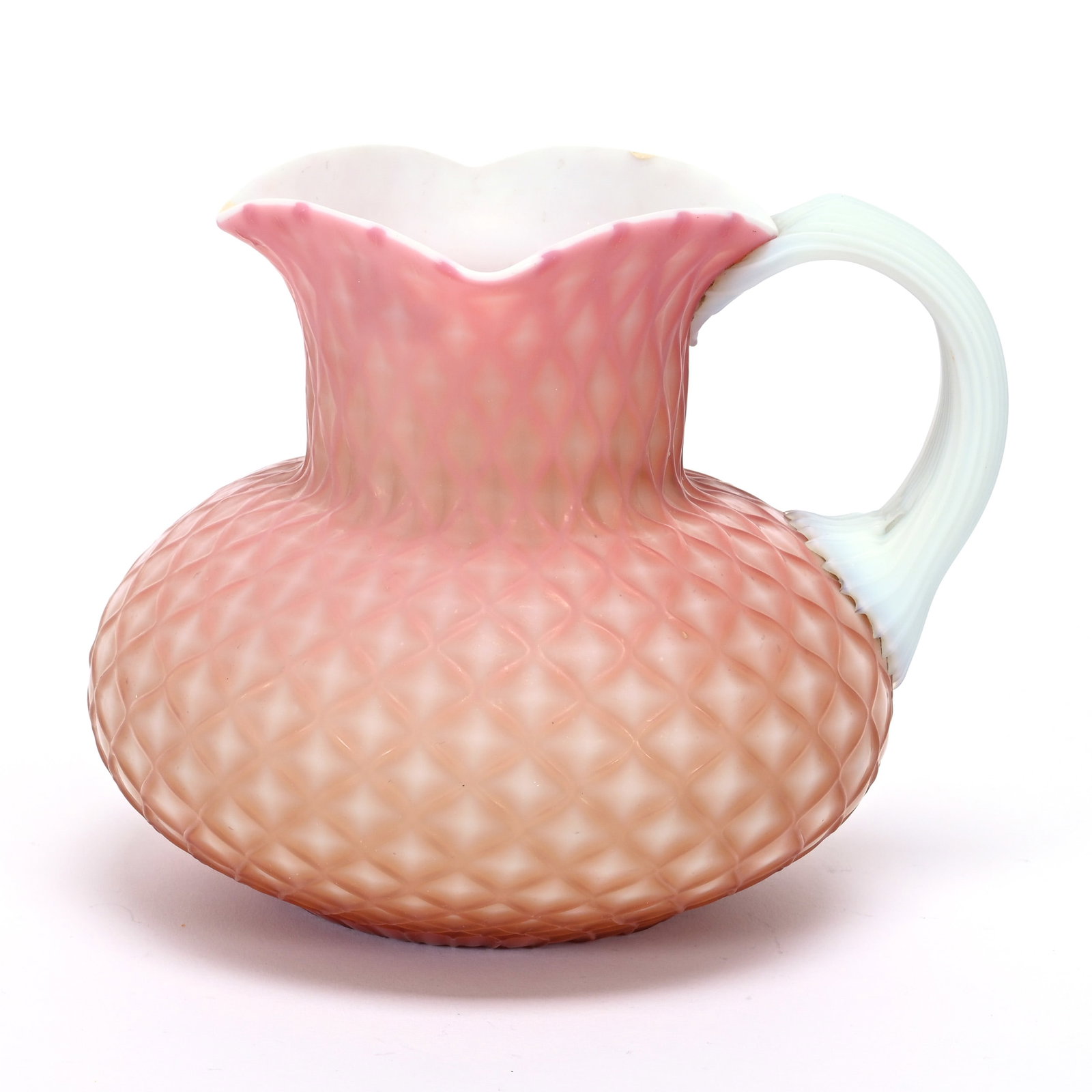 Pitcher, Pink Satin Cut Velvet Diamond Quilted: Pitcher, Pink Satin Cut Velvet Diamond Quilted, 5.75" x 7", Art Glass, White Opaque Applied Ribbed Handle, Serious Spout Chip Repair, One Rim Chip Repair, Private Illinois Collection.