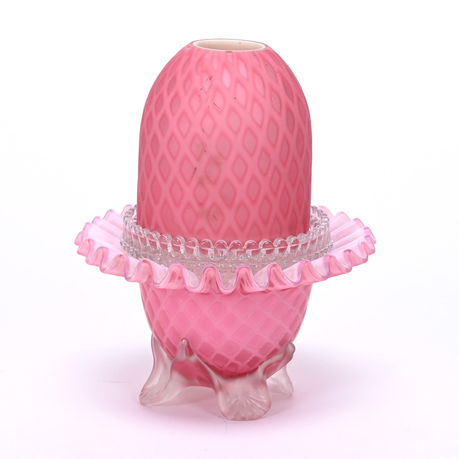 Fairy Lamp, Pink Satin Diamond Quilted MOP: Fairy Lamp, Pink Satin Diamond Quilted Mother Of Pearl, 6.75" x 5.75", Art Glass, Applied Frosted Feet, Clear Clark's Insert, Private Illinois Collection.