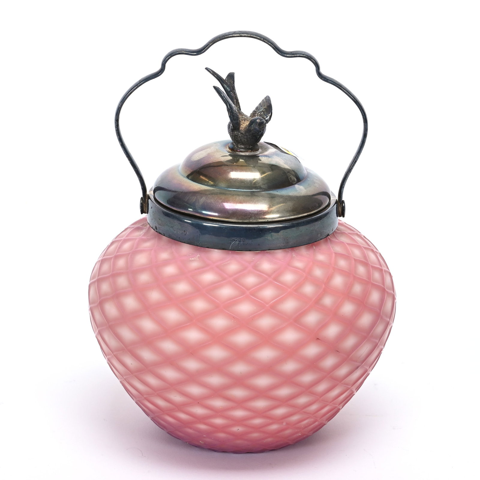Biscuit Jar, Pink Satin Cut Velvet Art Glass: Biscuit Jar, Pink Satin Cut Velvet Art Glass, 7.75 x 6.5", Silverplate Lid And Bail, Private Illinois Collection.