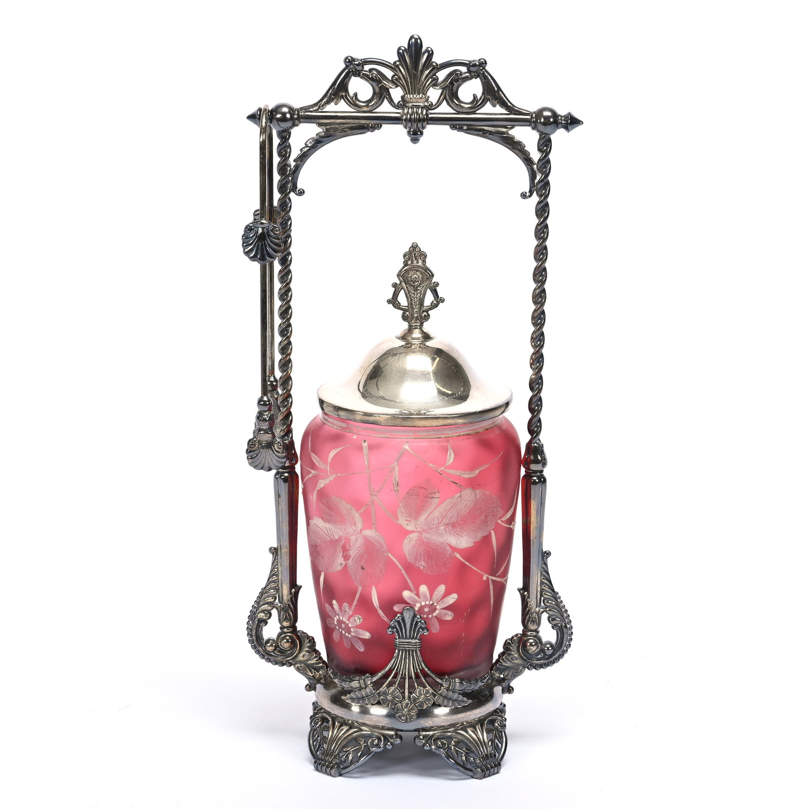Victorian Pickle Castor: Victorian Pickle Castor, 12" x 5.5", Frosted Cranberry Satin Coinspot With White Florentine Cameo Decor, Set On Tufts #3612 Silverplate Frame, Private Illinois Collection.