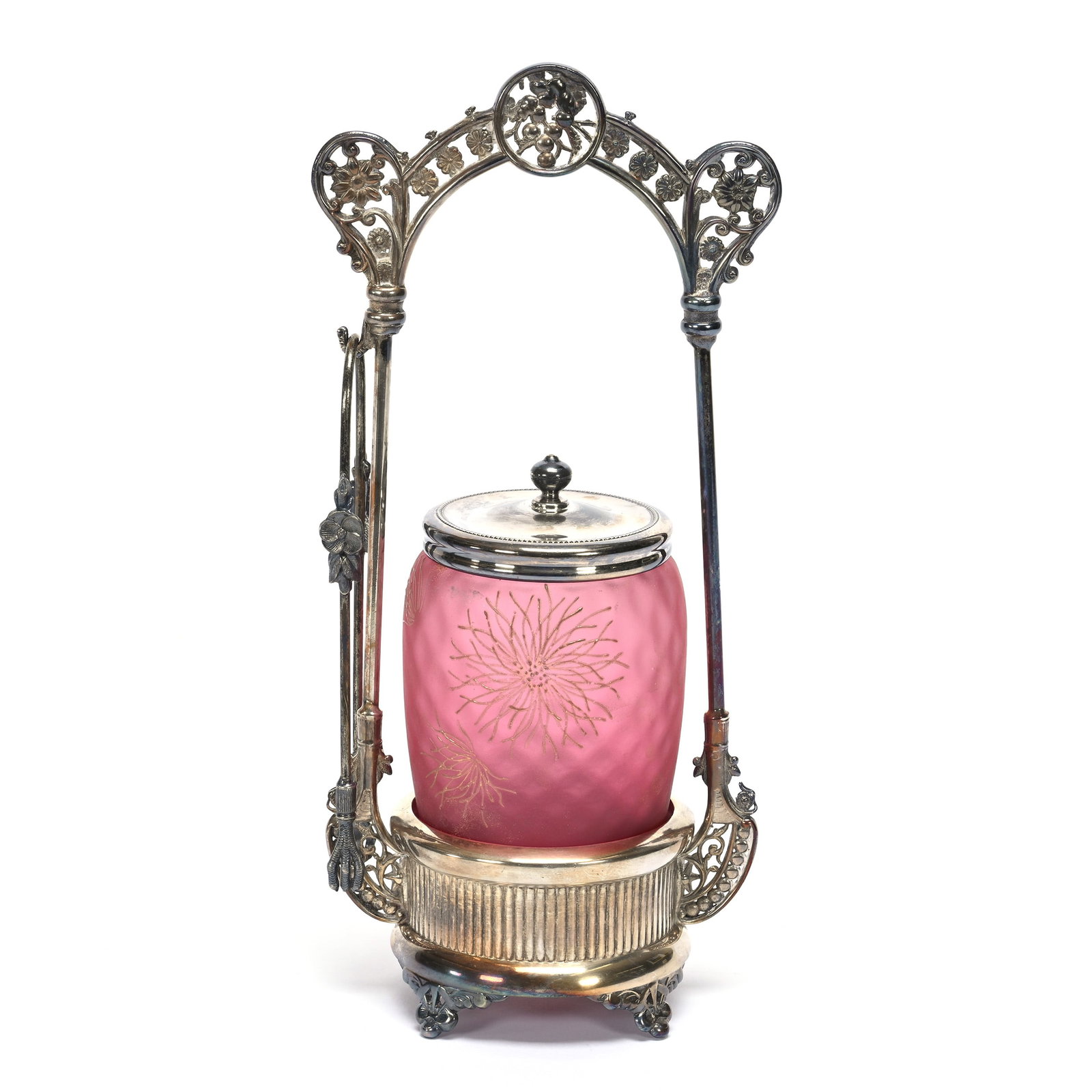 Victorian Pickle Castor: Victorian Pickle Castor, 11.75" x 5.25", Cranberry Flemish Style Art Glass Insert With Mum Decor, Set On Webster #59 Silverplate Frame, Private Illinois Collection.