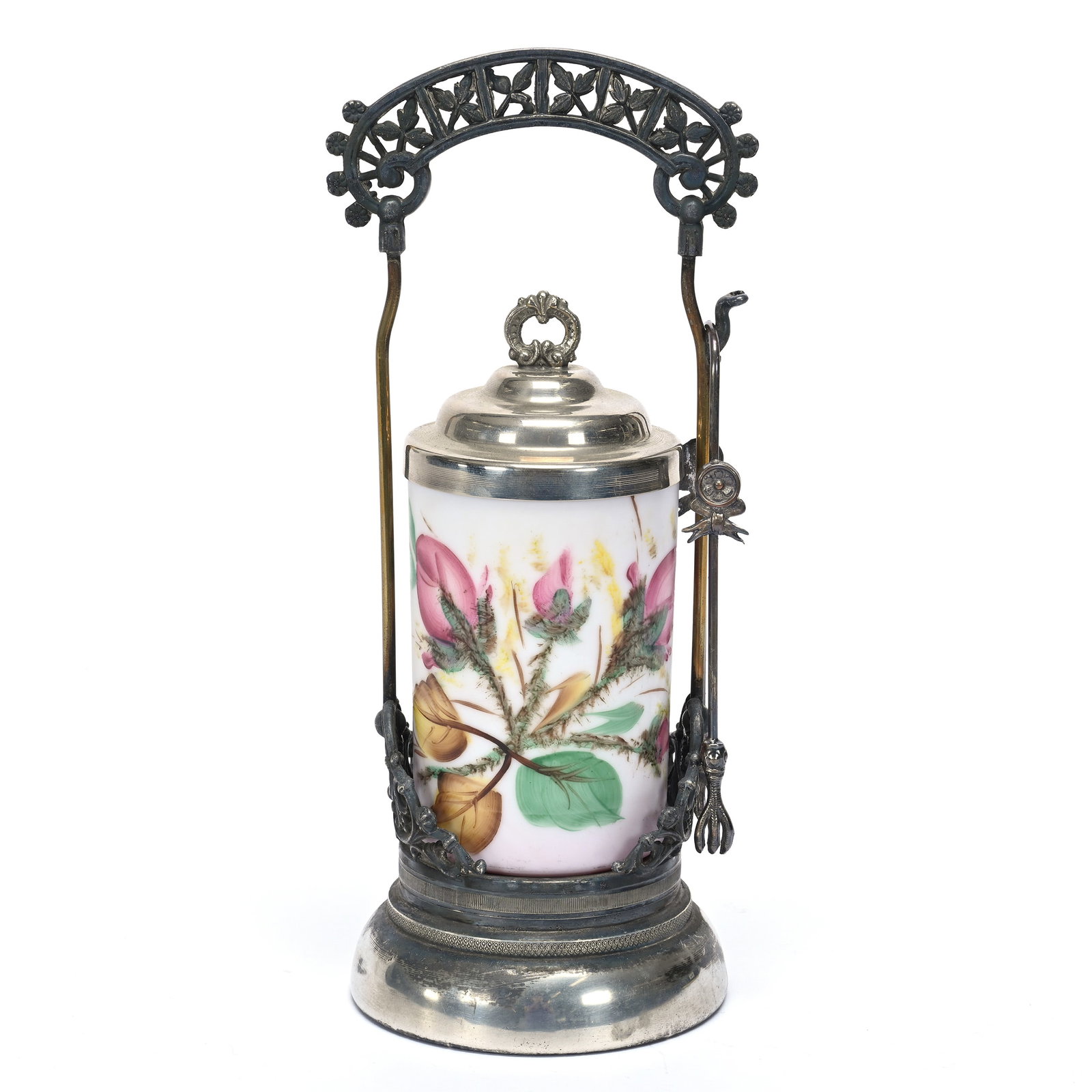 Victorian Pickle Castor: Victorian Pickle Castor, 11.5" x 4.5", Cased White Satin Fenton Glass Insert With Rose Decor, Pink Interior, Set On American Silverplate Company Frame, Private Illinois Collection.