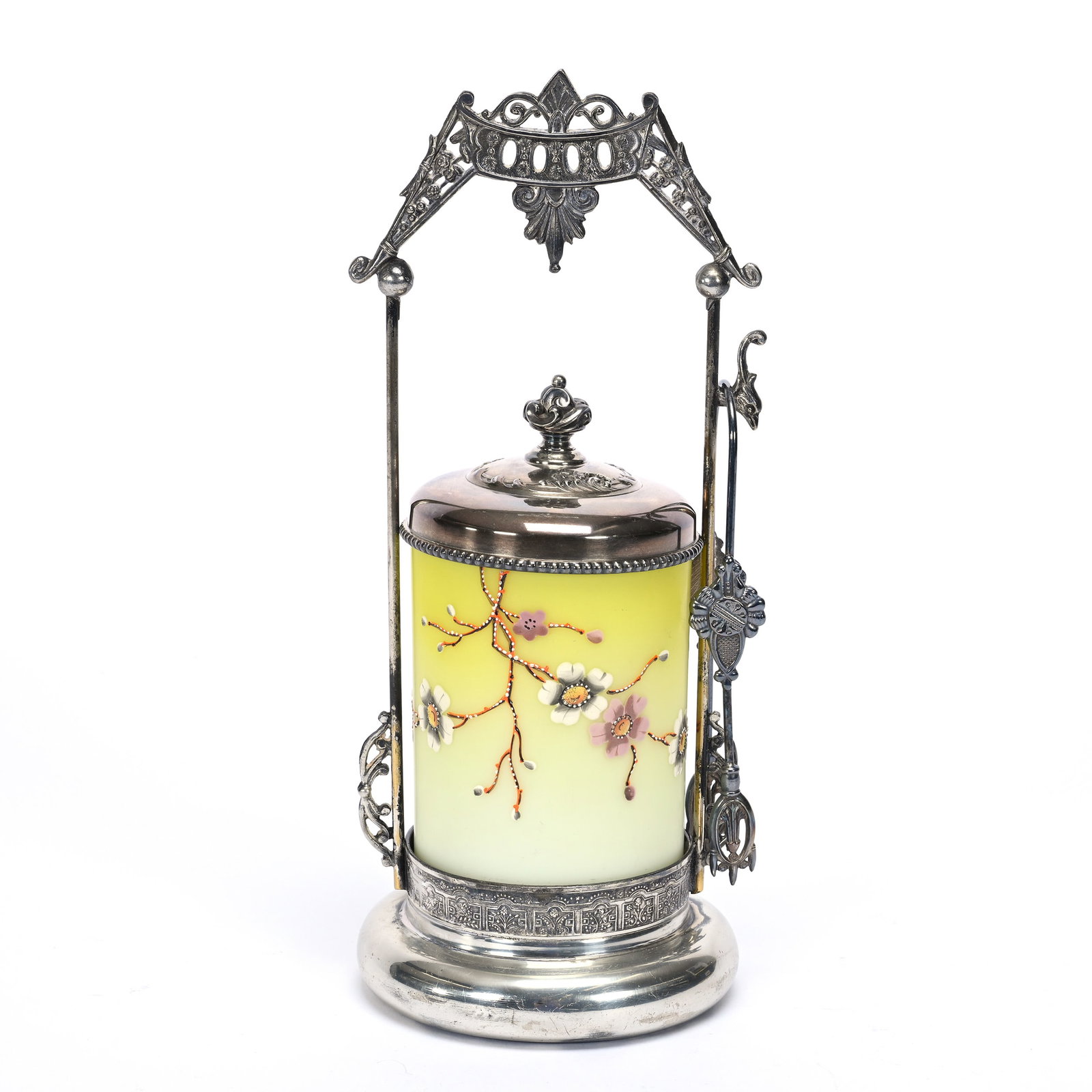 Victorian Pickle Castor: Victorian Pickle Castor, 11.25" x 4.75", Yellow Satin Art Glass Insert With Enamel Floral Decor, Set On Columbia #04 Silverplate Frame, Private Illinois Collection.