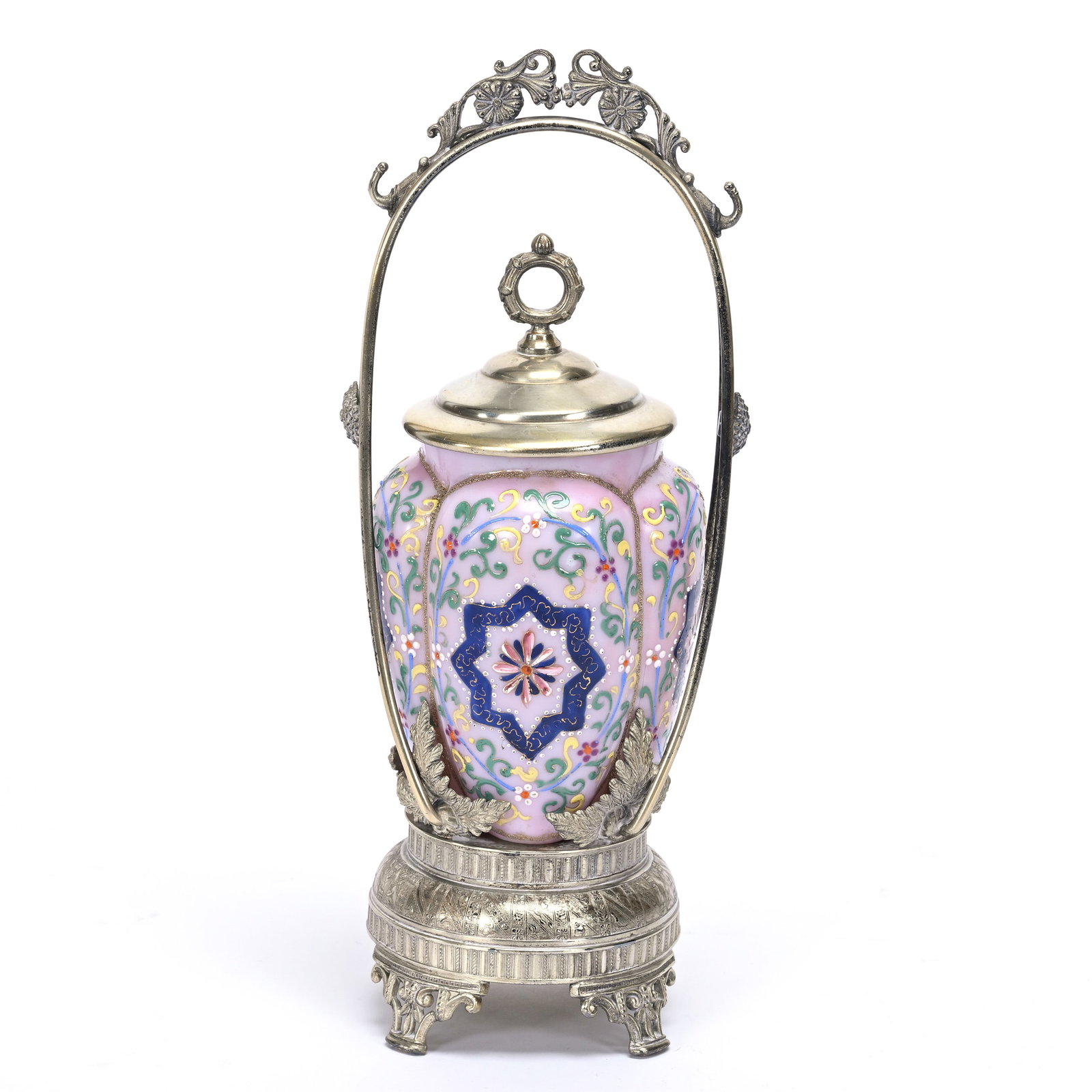 Victorian Pickle Castor: Victorian Pickle Castor, 10.75" x 4.25", Pink Cased Melon Ribbed Art Glass Insert With Heavy Enamel Floral Decor, Set On Aurora #0658 Silverplate Frame, Private Illinois Collection.