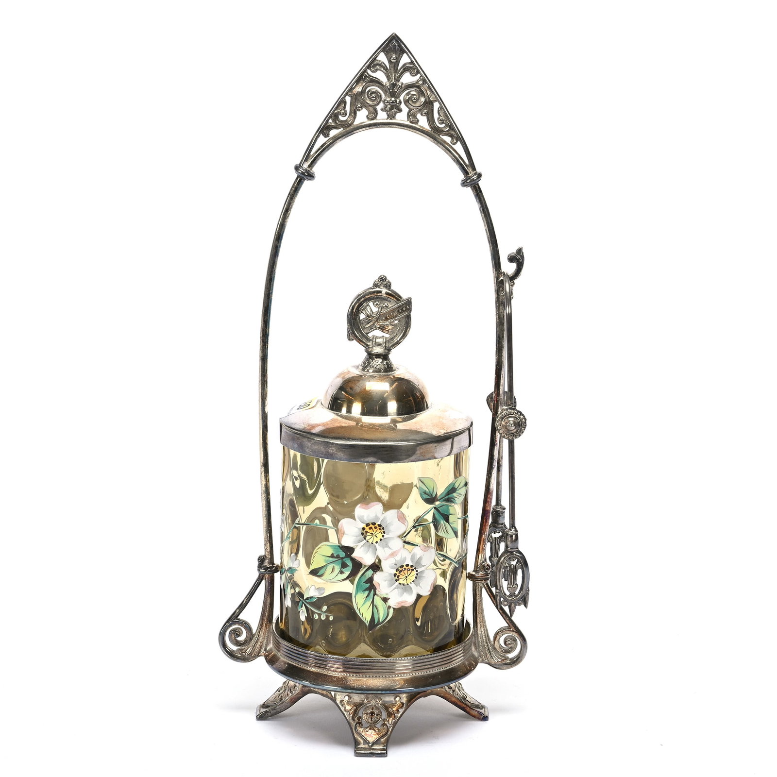Victorian Pickle Castor: Victorian Pickle Castor, 12" x 5.5", Amber Coinspot Art Glass Insert With Heavy Enamel Floral Decor, Set On Meriden #129 Silverplate Frame, Private Illinois Collection.