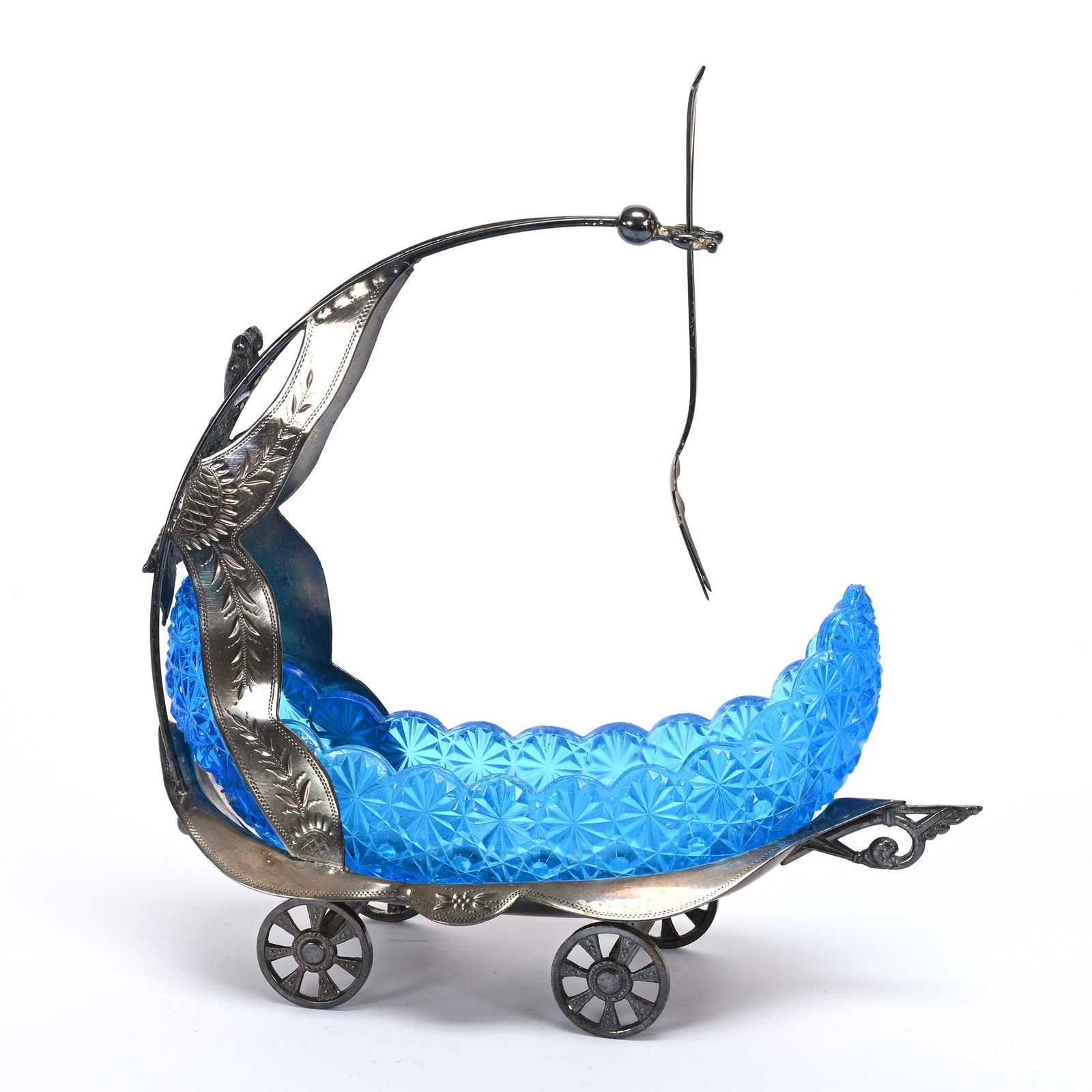 Figural Relish Dish: Figural Relish Dish, 9" x 9.25", Blue Button & Daisy Boat Shaped Insert, Set On Elaborate Silverplate "Cart" Frame, Insert Has Serious Crack Which Is Hard To See, Private Illinois Collection.