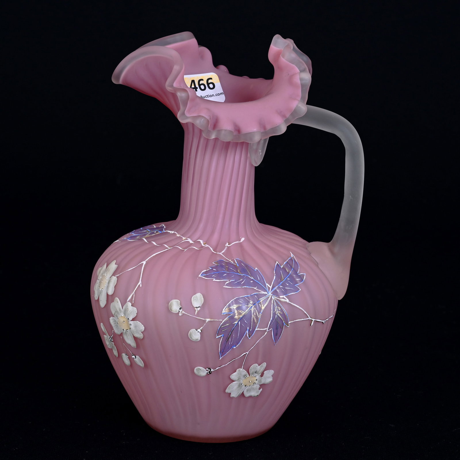 Ewer, Pink Satin Art Glass: Ewer, Pink Satin Art Glass, 8" x 5.25", Ribbed, Enamel Floral Decor, Private Illinois Collection.