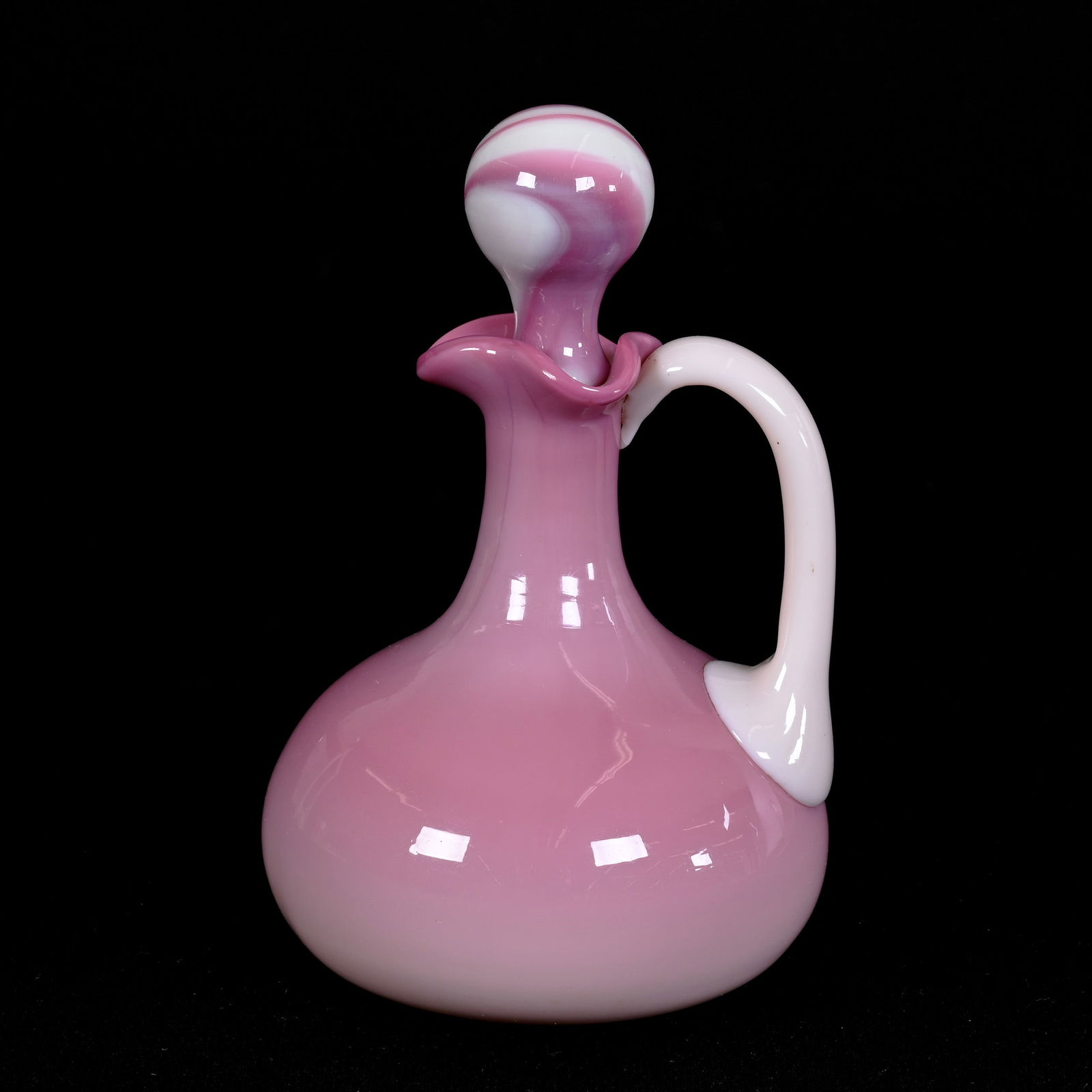 Cruet Bottle, Pink Agate Art Glass: Cruet Bottle, Pink Agate Art Glass, 5.75" x 3.5", Fitted Pink & White Swirl Stopper, Polished Pontil Base, Nice Quality, Private Illinois Collection.
