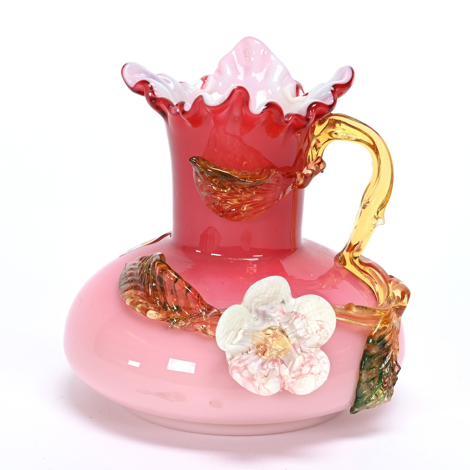 Vase, Stevens & Williams Peachblow Art Glass: Vase, Stevens & Williams Peachblow Art Glass, 4.75" x 4.5", Applied Amber Handle And Leaves With White Floral Blossom, Private Illinois Collection.