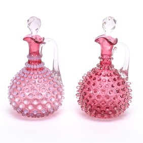 (2) Cruet Bottles, Hobnail Art Glass