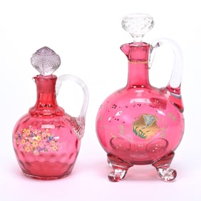 (2) Cruet Bottles, Cranberry Art Glass