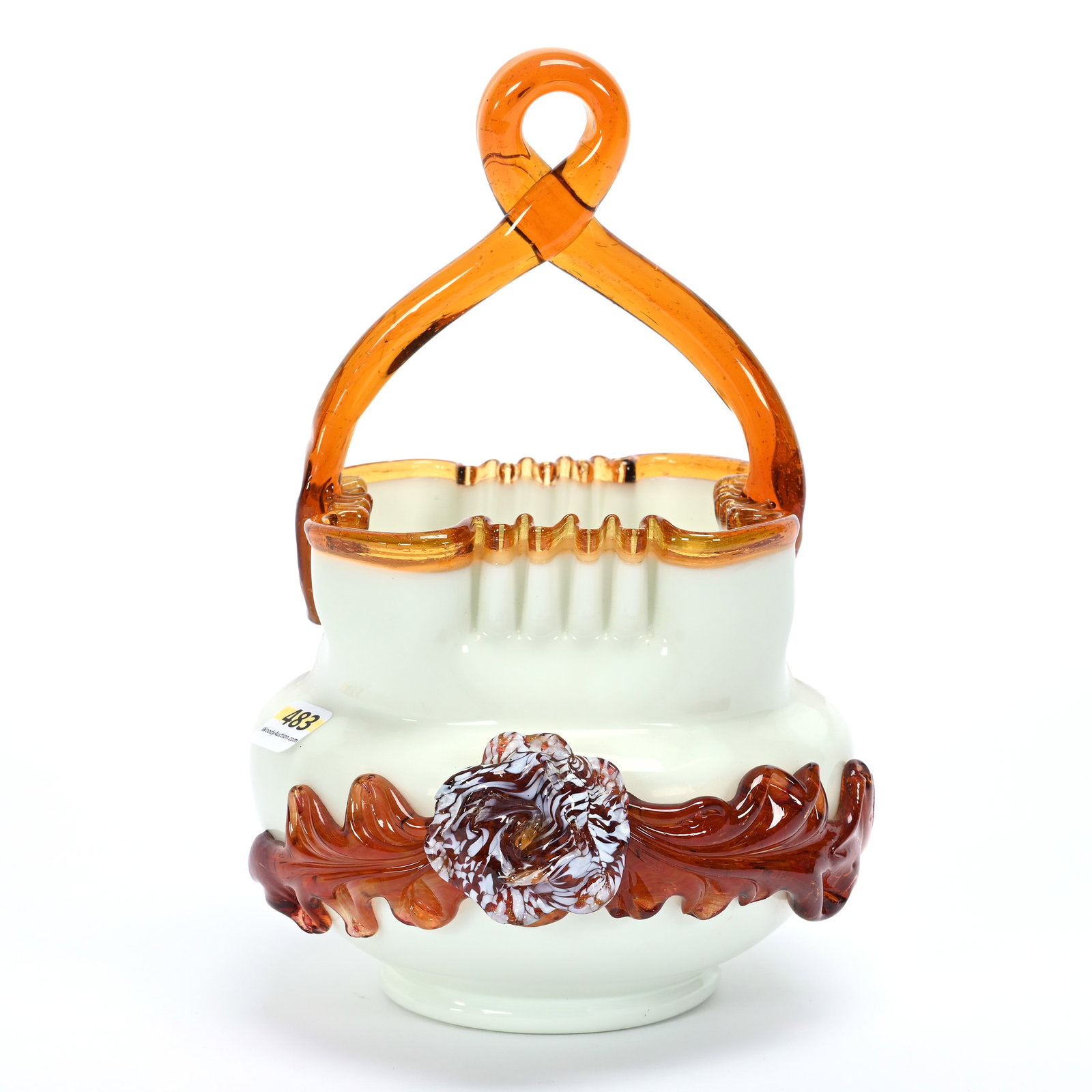 Basket, Unmarked Stevens & Williams Art Glass: Basket, Unmarked Stevens & Williams Art Glass, 9.25" x 6", White With Amber Applied Leaf And Blossom, Twist Amber Handle, Chip On Applied Decor, Private Illinois Collection.