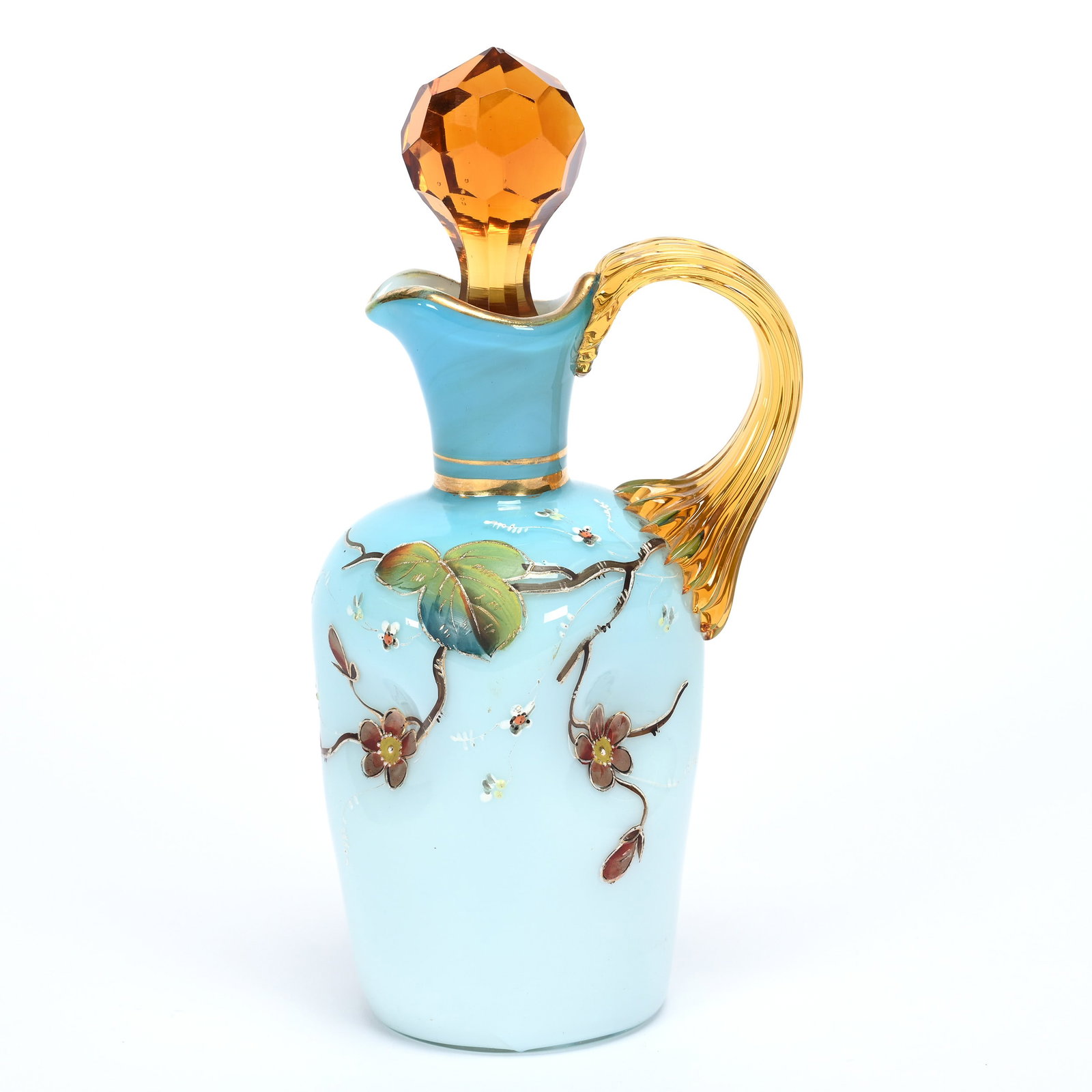 Cruet Bottle, Blue Cased, Dimpled, Four-Sided: Cruet Bottle, Blue Cased, Dimpled, Four-Sided, 7" x 3.25", Amber Applied Ribbed Handle, Amber Stopper, Floral Decor, Private Illinois Collection.