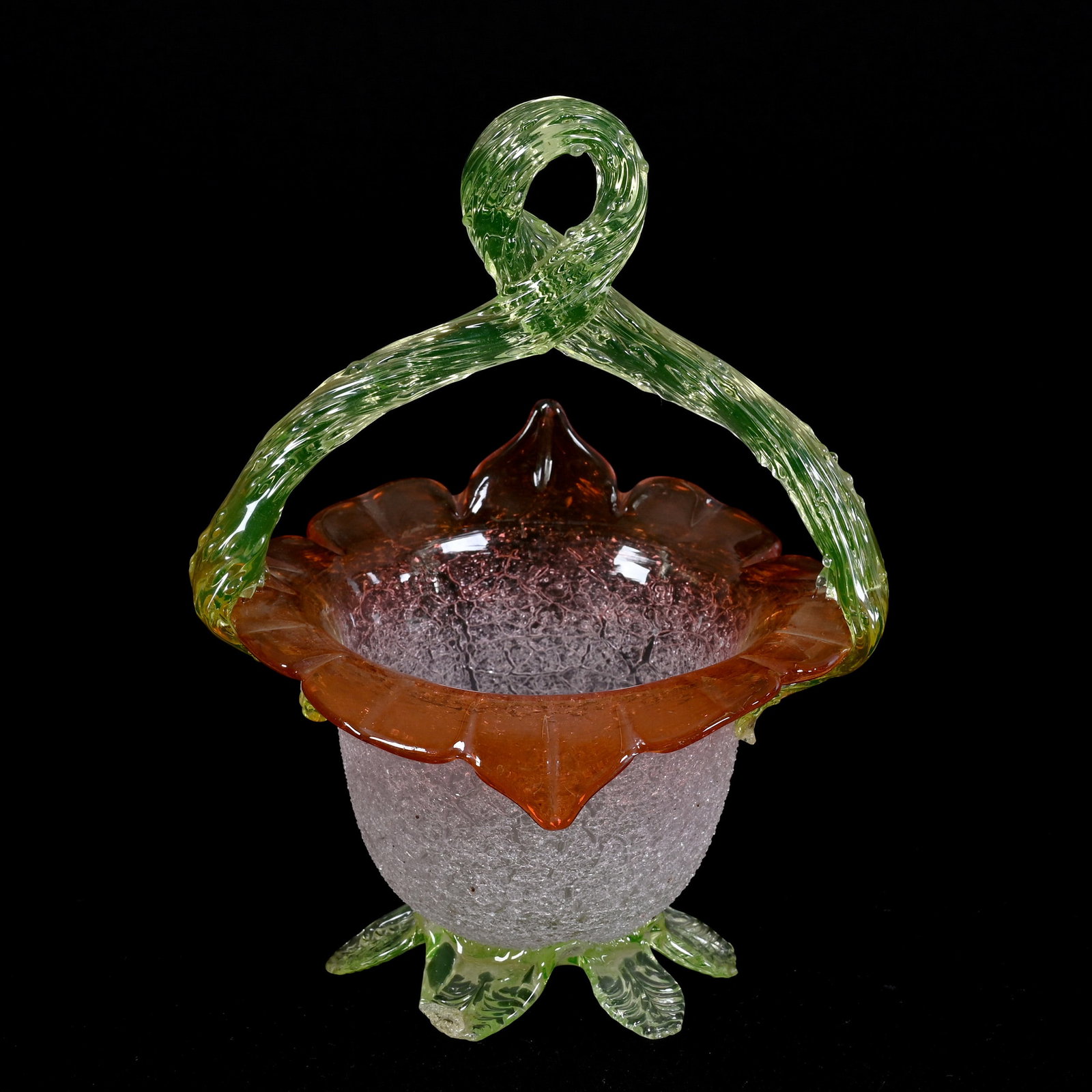 Basket, Apricot Shading To Clear Overshot: Basket, Apricot Shading To Clear Overshot, 8.25" x 6.5", Jack In Pulpit Form, Vaseline Applied Feet And Twist Handle, Highly Reactive Under Black Light, One Foot Chipped, One Foot Repaired, Private Il