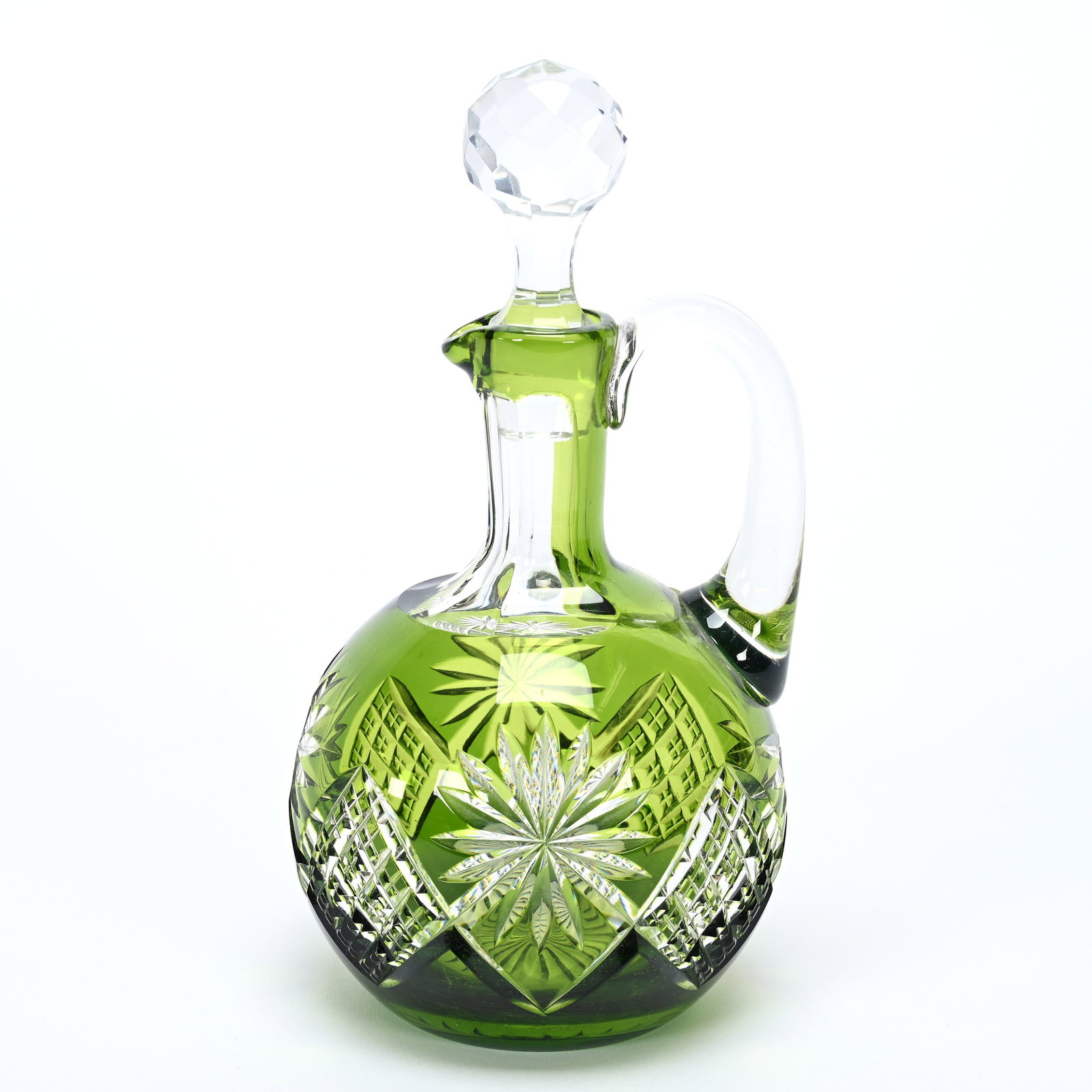 Decanter, BPCG, Green Cut To Clear: Decanter, Brilliant Period Cut Glass, Green Cut To Clear, 8" x 4.25", Pattern HF-147 By Val St. Lambert, Circa 1908, Private Illinois Collection.