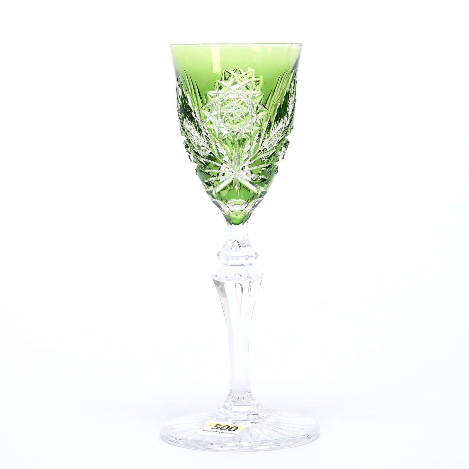 Wine Stem, BPCG, Green Cut To Clear: Wine Stem, Brilliant Period Cut Glass, Green Cut To Clear, 8.5" x 3.5", Hobstar And Fern Motif, Double Teardrop Stem, Ray Cut Foot, Attributed To Val St. Lambert, Private Illinois Collection.