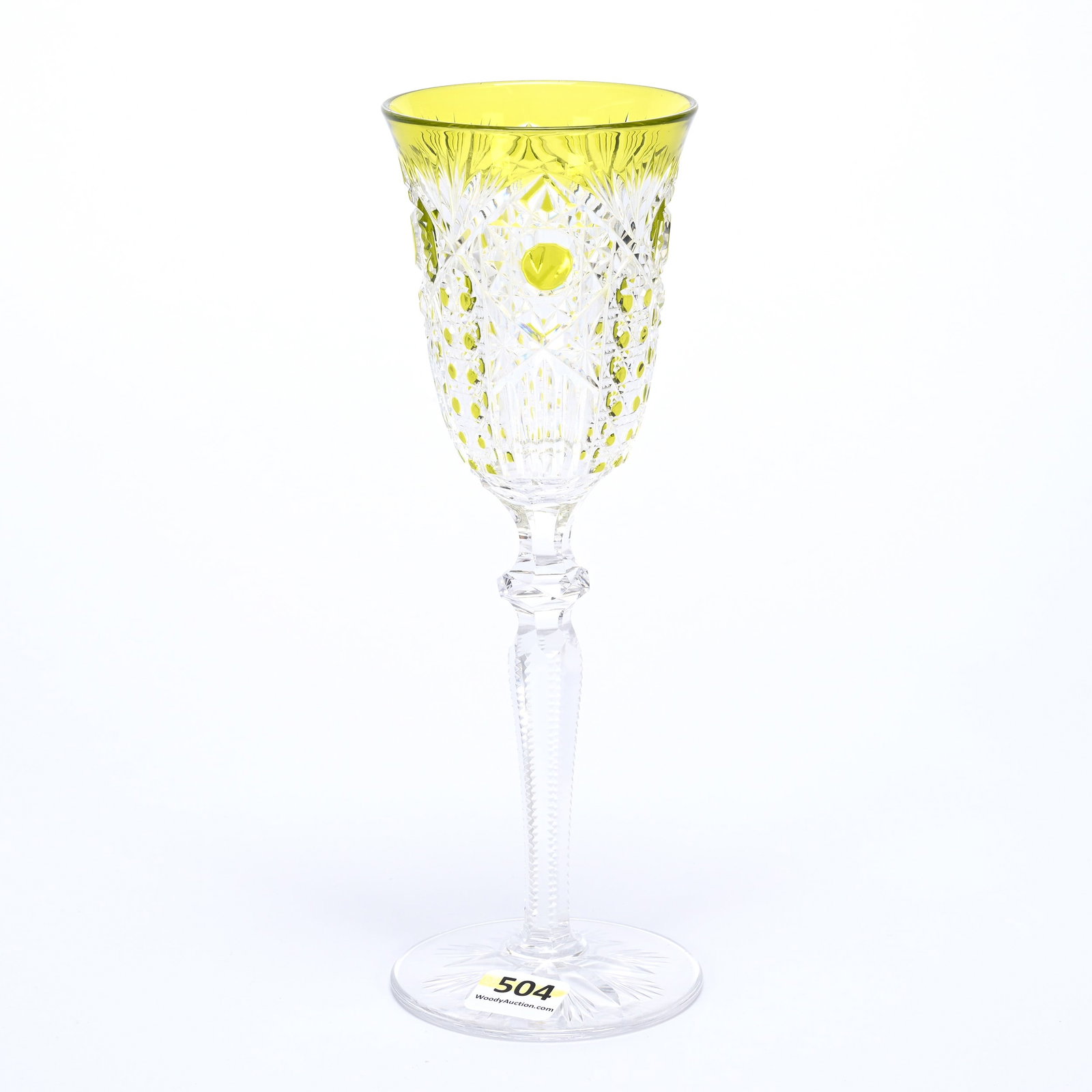 Wine Stem, BPCG, Yellow Cut To Clear: Wine Stem, Brilliant Period Cut Glass, Yellow Cut To Clear, 8.5" x 2.75", Panels Of Hobstar, Cane, Miter, Star And Fan Motif, Brooklyn Star Foot, Attributed To Val St. Lambert, Private Illinois Collec