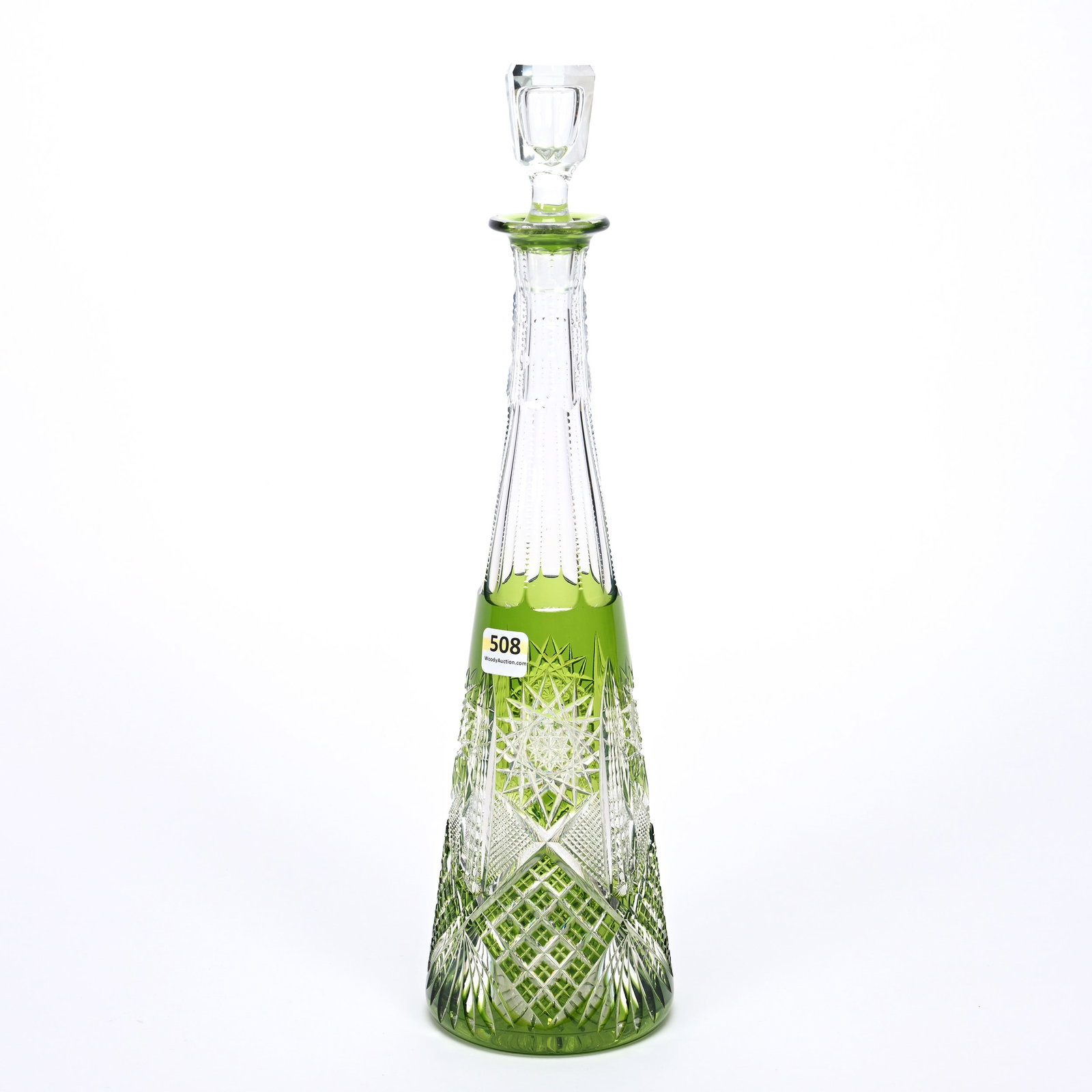 Decanter, BPCG, Green Cut To Clear: Decanter, Brilliant Period Cut Glass, Green Cut To Clear, 15" x 4", Pattern HF-173 By Val St. Lambert, Circa 1908, Pattern Nick, Private Illinois Collection.