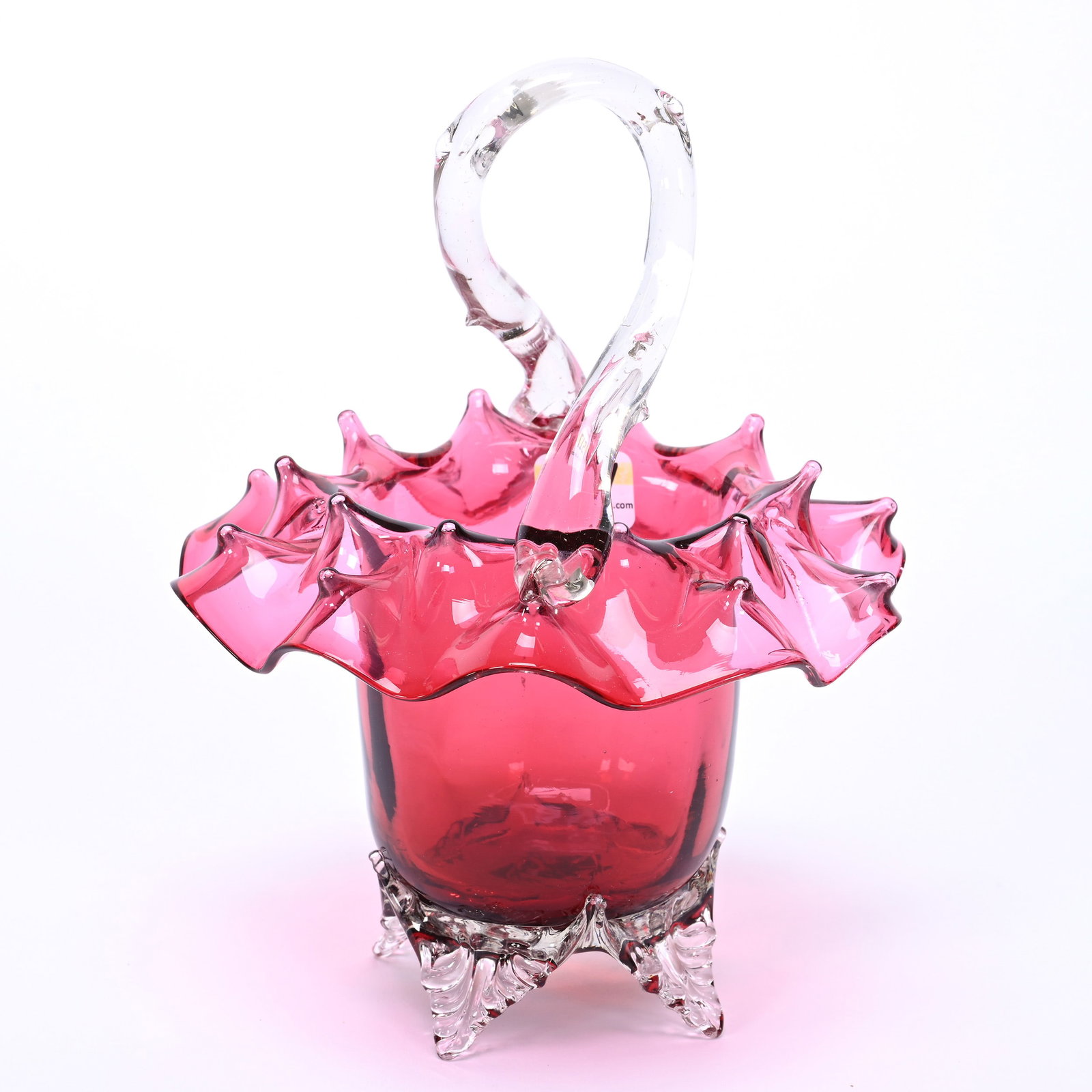 Basket, Cranberry Art Glass: Basket, Cranberry Art Glass, 7.75" x 6.25", Unique Ruffled Rim, Clear Applied Petal Feet And Twist Handle, Private Illinois Collection.