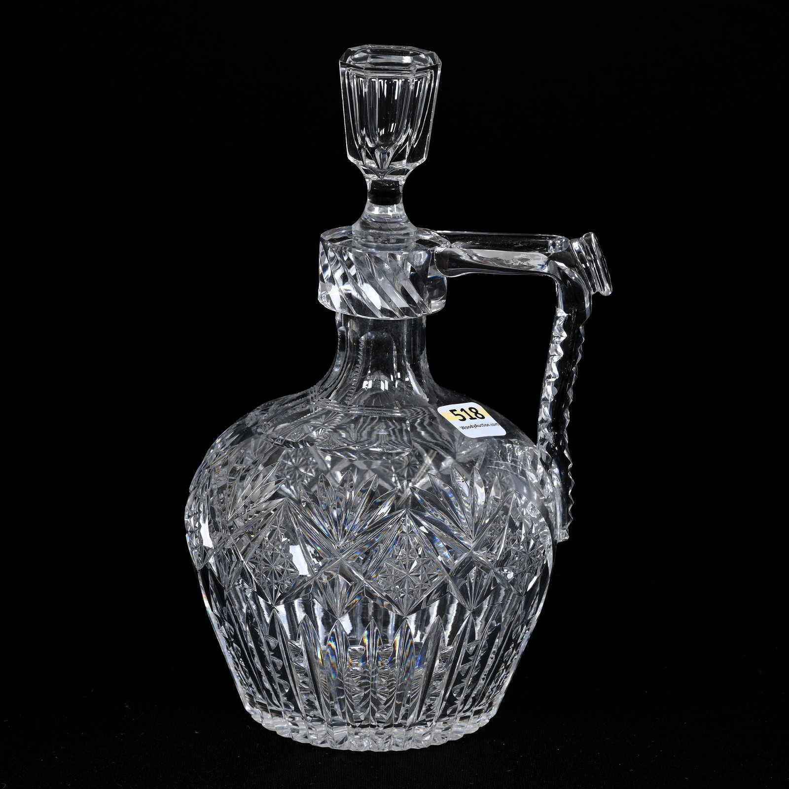 Whiskey Jug, American Brilliant Cut Glass: Whiskey Jug, American Brilliant Cut Glass, 9" x 5", Button Strap Handle, Hobstar, Prism And Fan Motif, Replacement Stopper, Private Illinois Collection.