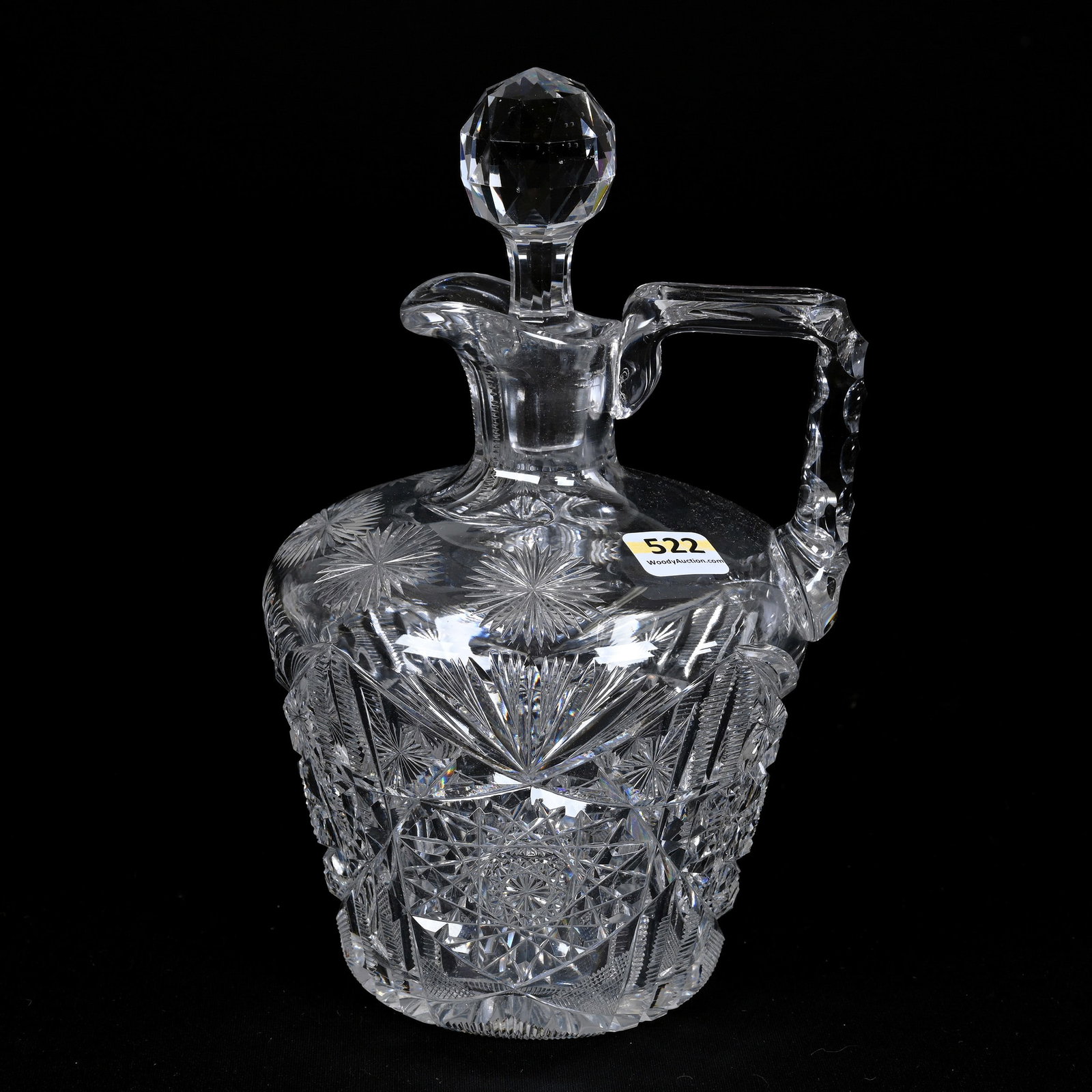 Whiskey Jug, American Brilliant Cut Glass: Whiskey Jug, American Brilliant Cut Glass, 9" x 5.5", Hobstar, Prism, Star And Fan Motif, Triple Notched Handle, Ray Cut Base, Private Illinois Collection.