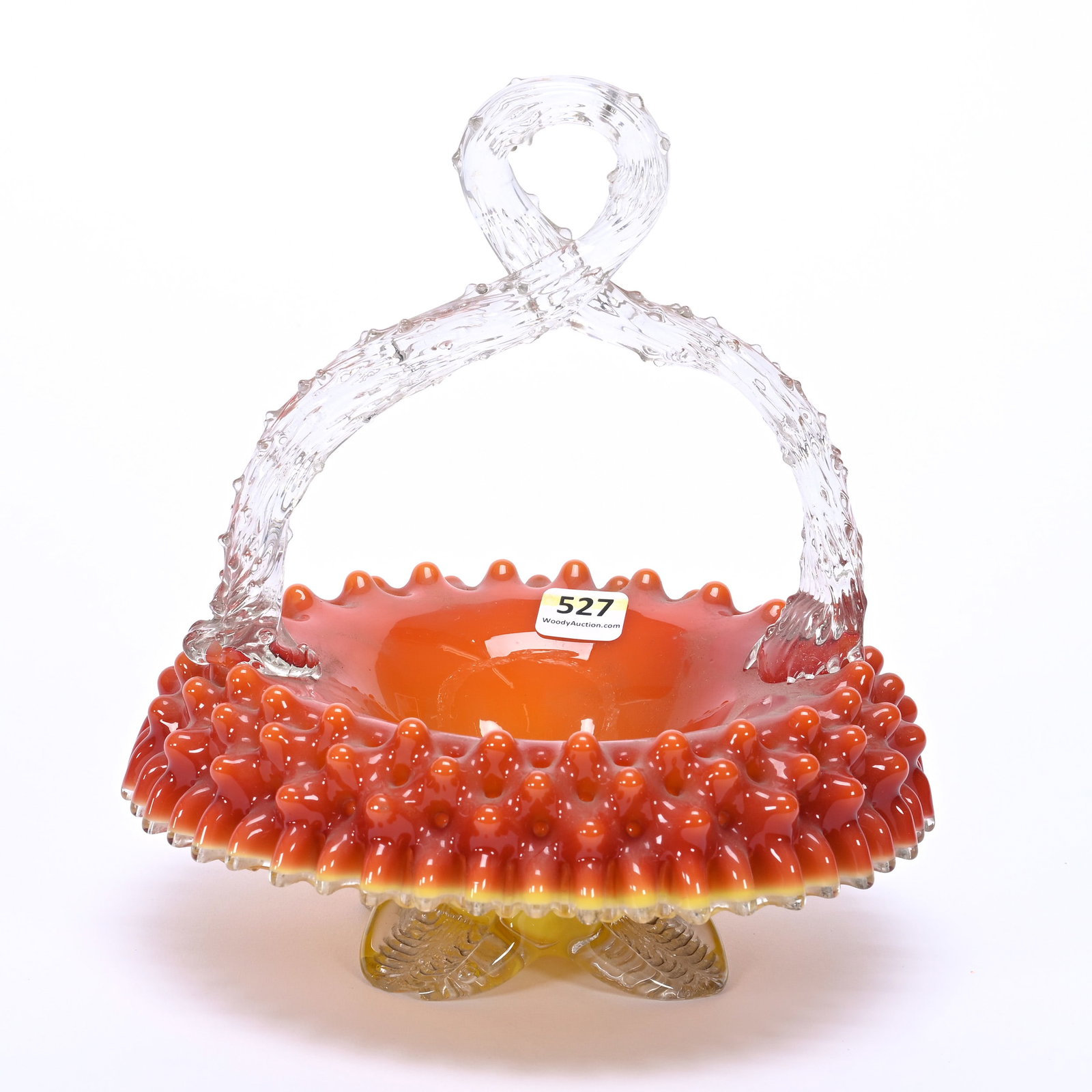 Basket, Cased Art Glass: Basket, Cased Art Glass, 8" x 8", Yellow Exterior, Orange Interior, Unique Rolled Rim Piecrust Edge With Hobnail Highlights, Clear Applied Petal Feet, One Foot With Chip, Clear Applied Thorn Twist Han