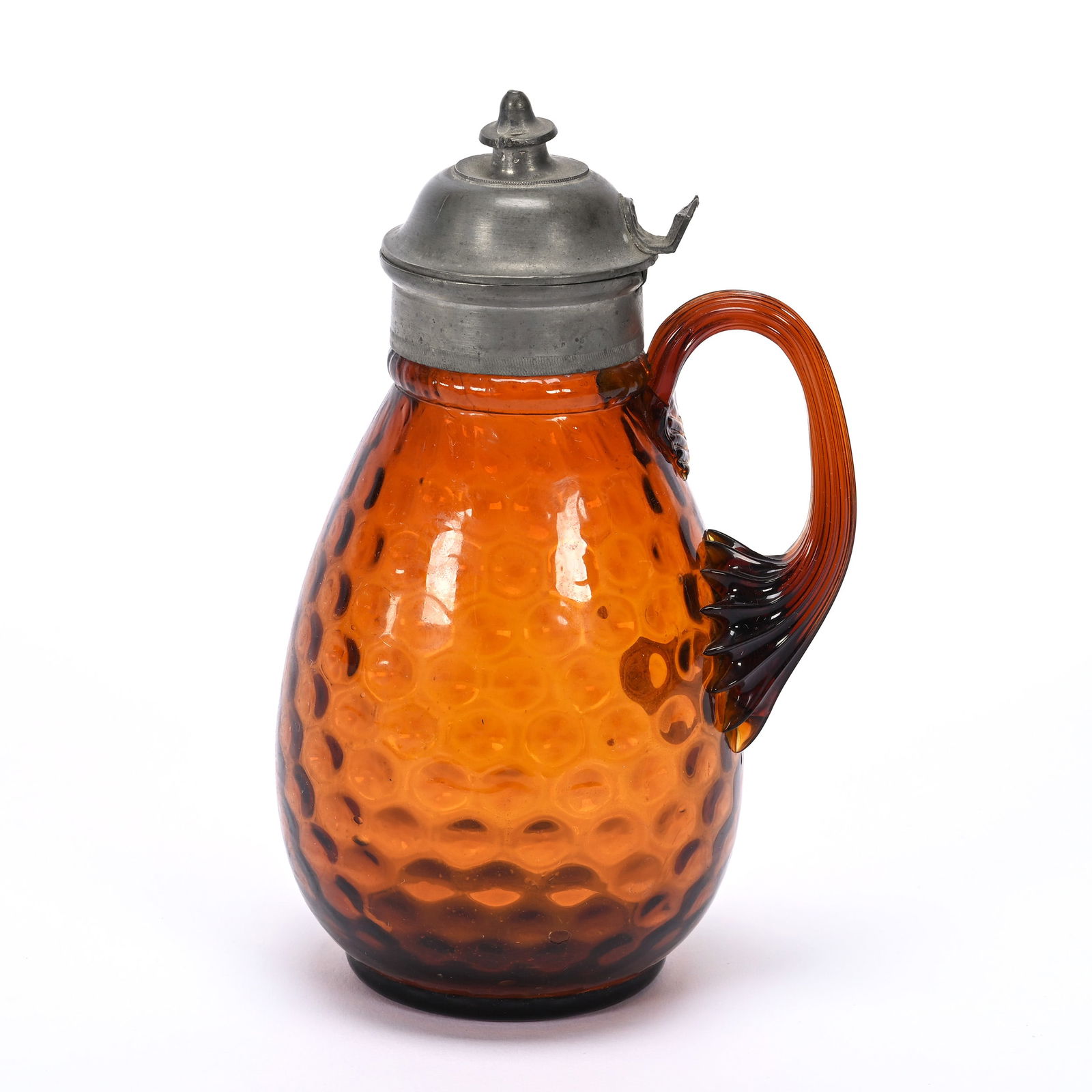 Syrup Pitcher, Solid Amber Coinspot: Syrup Pitcher, Solid Amber Coinspot, 6.75" x 4", Pewter Flip Lid, Handle Crack, Private Illinois Collection.