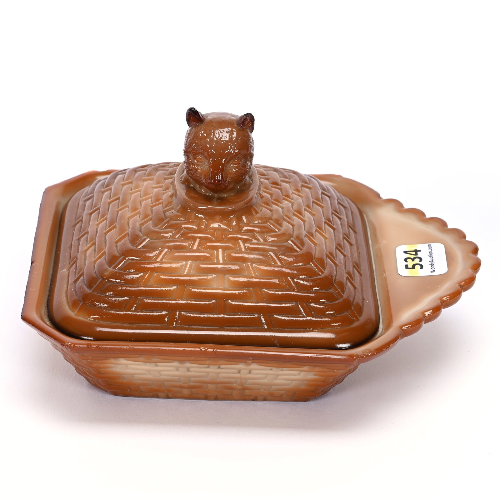 Square Covered Dish, Chocolate Glass: Square Covered Dish, Chocolate Glass, 3.5" x 6", By Greentown, Cat Finial, Small Edge Nicks, Private Illinois Collection.