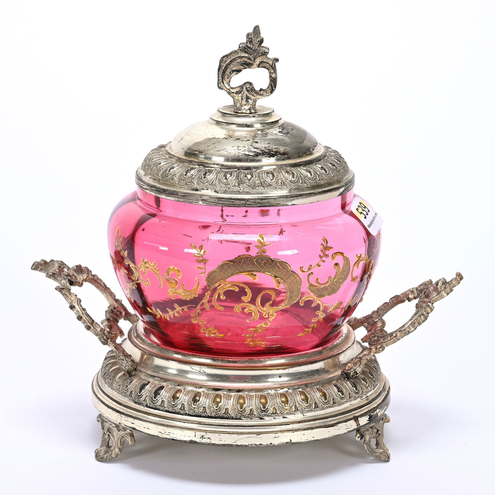Cranberry Covered Sugar Set On Silverplate Stand (1 of 3)