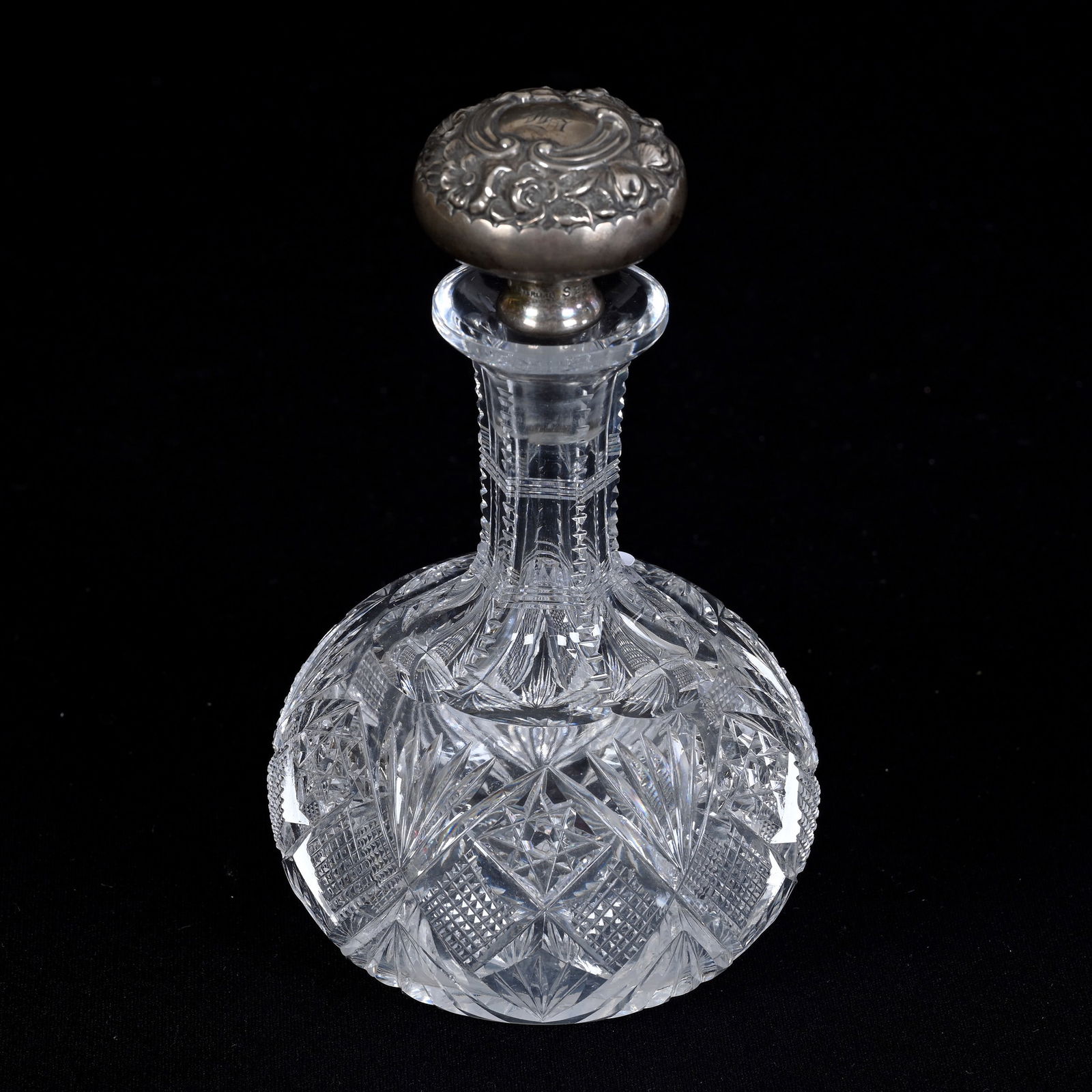 Cruet Bottle, American Brilliant Cut Glass: Cruet Bottle, American Brilliant Cut Glass, 6" x 3.5", Hobstar, Crosscut Diamond And Fan Motif, Pattern Roughness, Ray Cut Base, Gorham Sterling Silver Stopper, Private Illinois Collection.