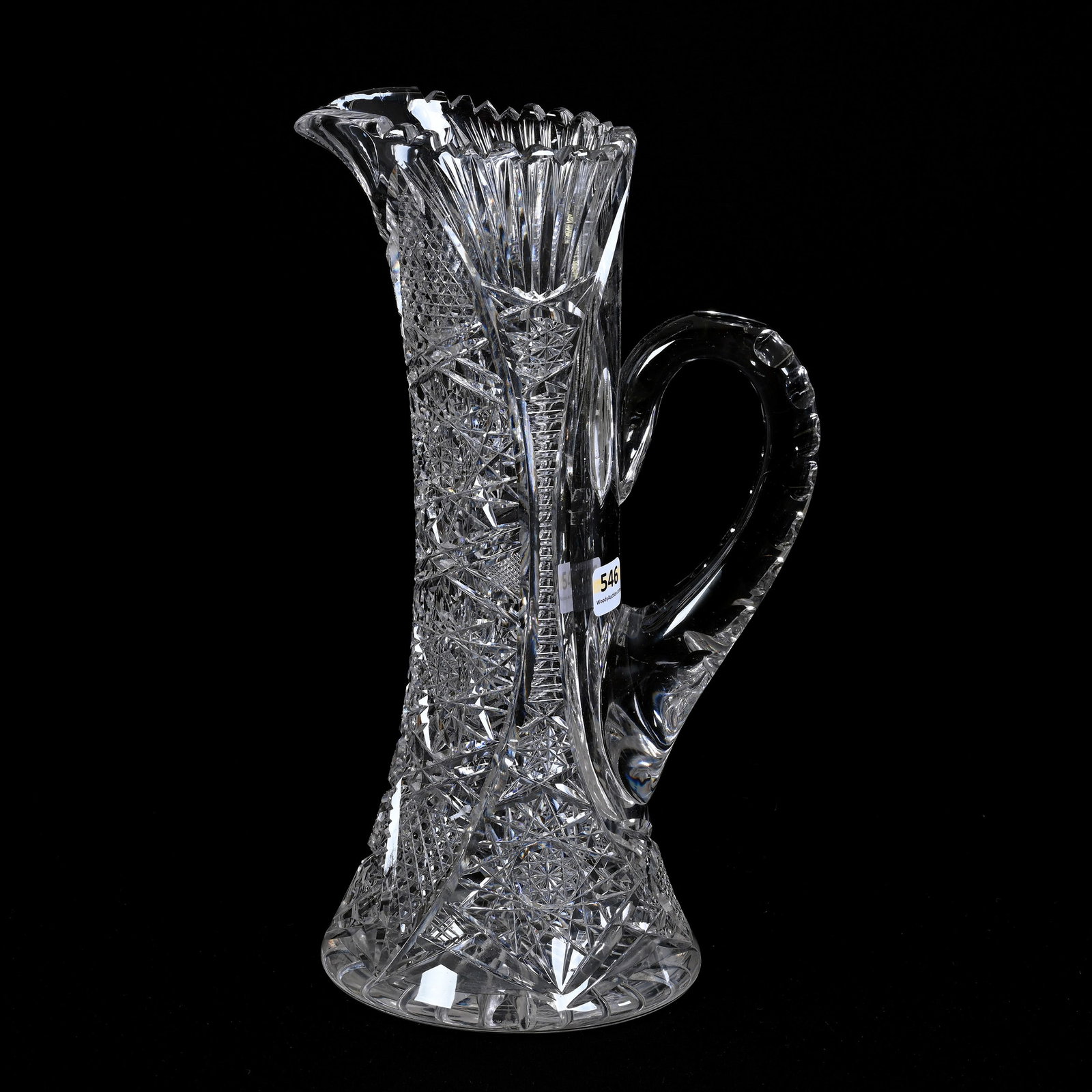 Tankard, American Brilliant Cut Glass: Tankard, American Brilliant Cut Glass, 12.5" x 7.25", Hobstar, Vesica, Nailhead Diamond, Strawberry Diamond, Zipper And Fan Motif, Double Notched Handle, Ray Cut Base, Professional Rim Touch-Up, Priva