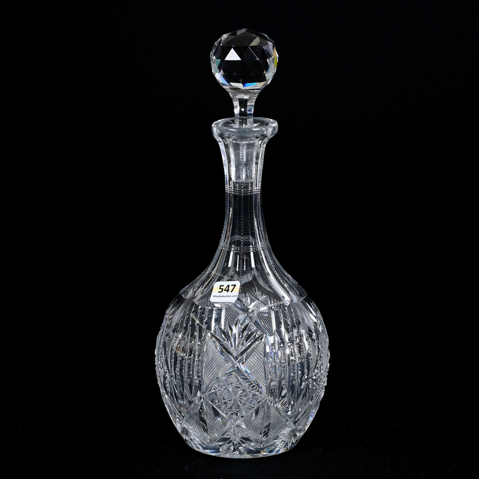 Decanter, American Brilliant Cut Glass: Decanter, American Brilliant Cut Glass, 12.25" x 5.25", Hobstar, Prism, Strawberry Diamond, Fan Motif, Ray Cut Base, Private Illinois Collection.