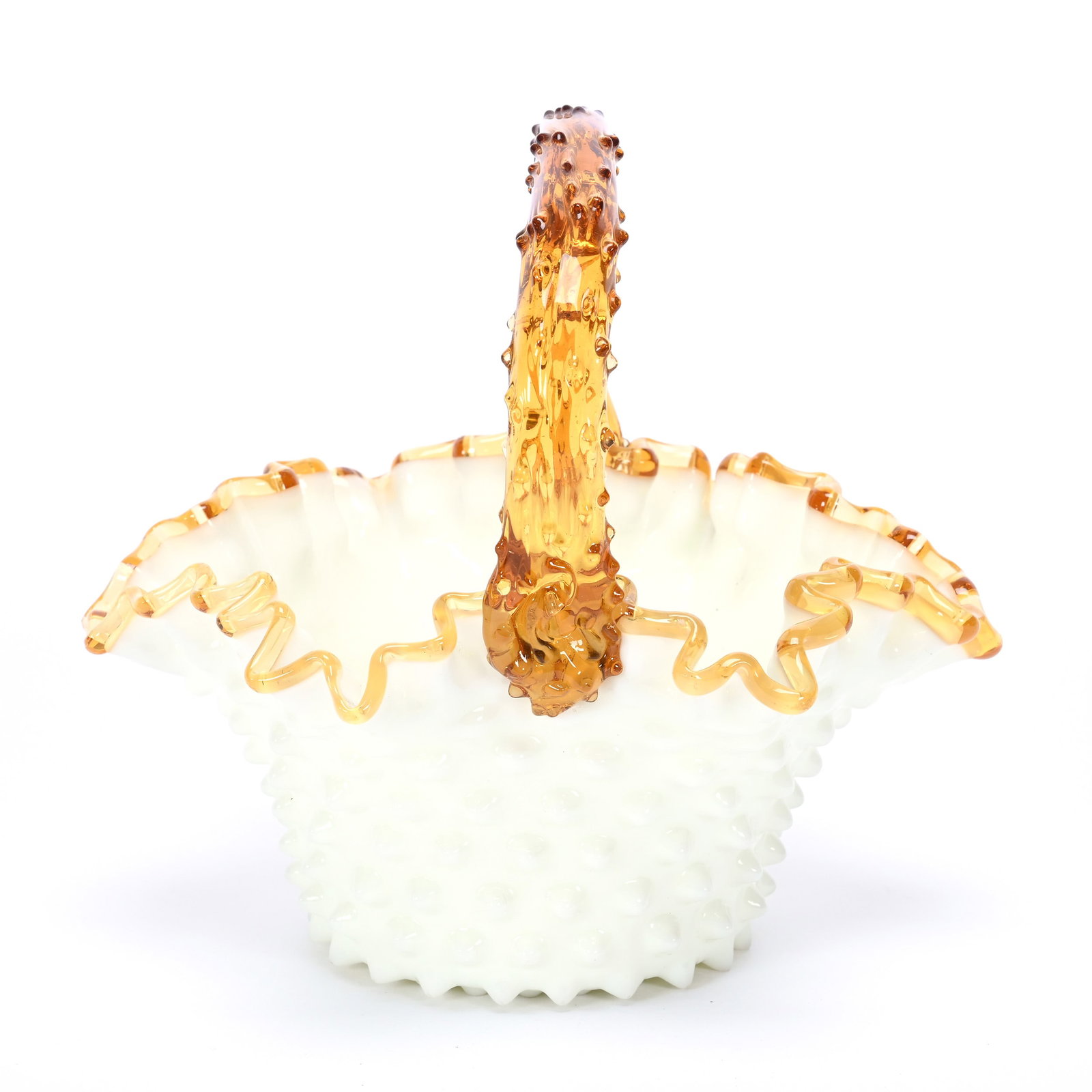 Basket, White Hobnail Art Glass: Basket, White Hobnail Art Glass, 6.25" x 7", Ambert Applied Ruffled Rim, Amber Applied Thorn Handle, Private Illinois Collection.