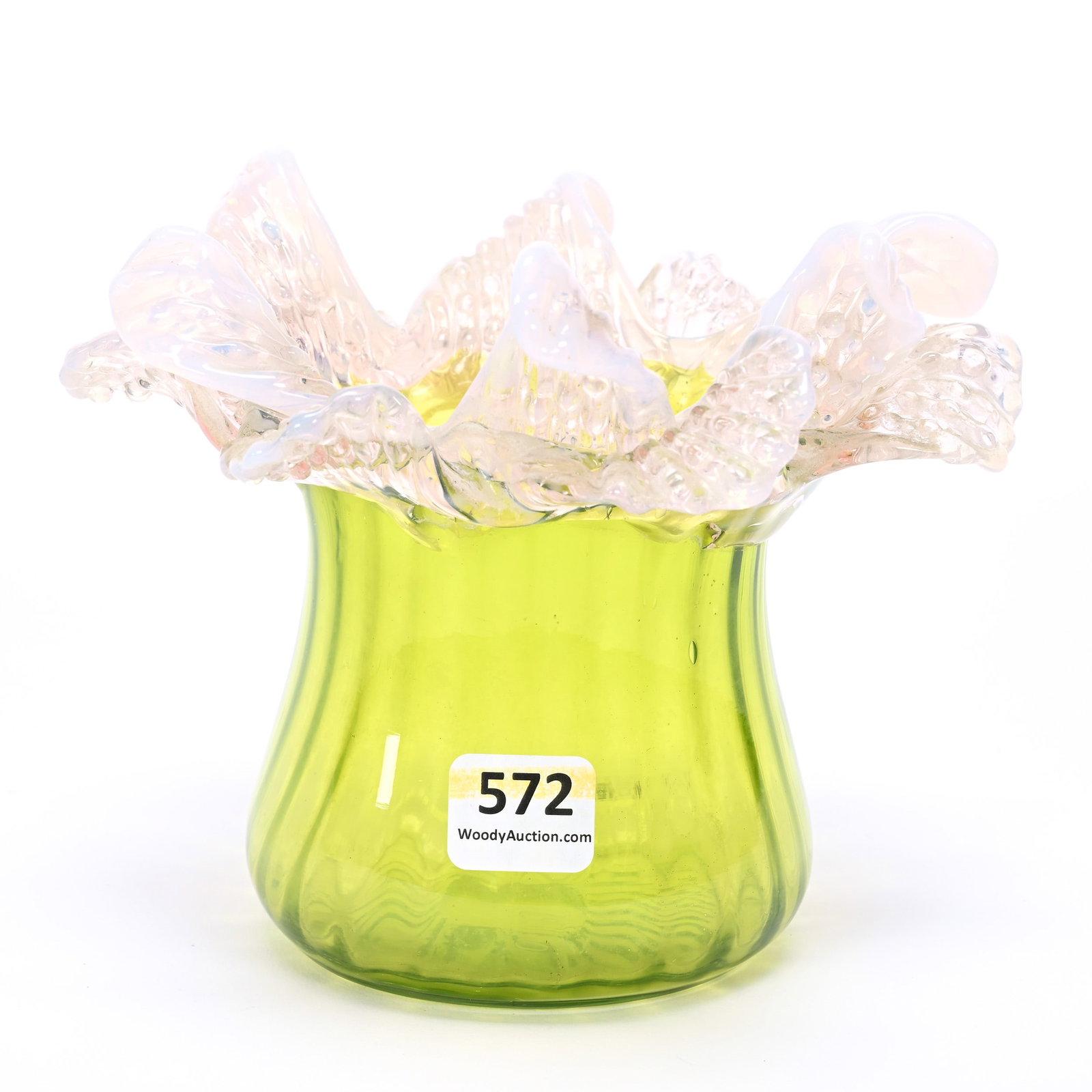Vase, Green Art Glass Optic Rib: Vase, Green Art Glass Optic Rib, 5" x 5.5", Applied Pink Opalescent Petal Rim, Private Illinois Collection.