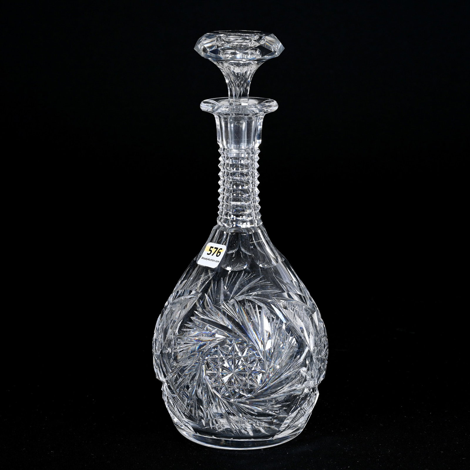 Decanter, American Brilliant Cut Glass: Decanter, American Brilliant Cut Glass, 11" x 4.75", Pinwheel With Hobstar And Fan Highlights, Stepcut Neck, Ray Cut Base, Two Nicks On Stopper, Private Illinois Collection.