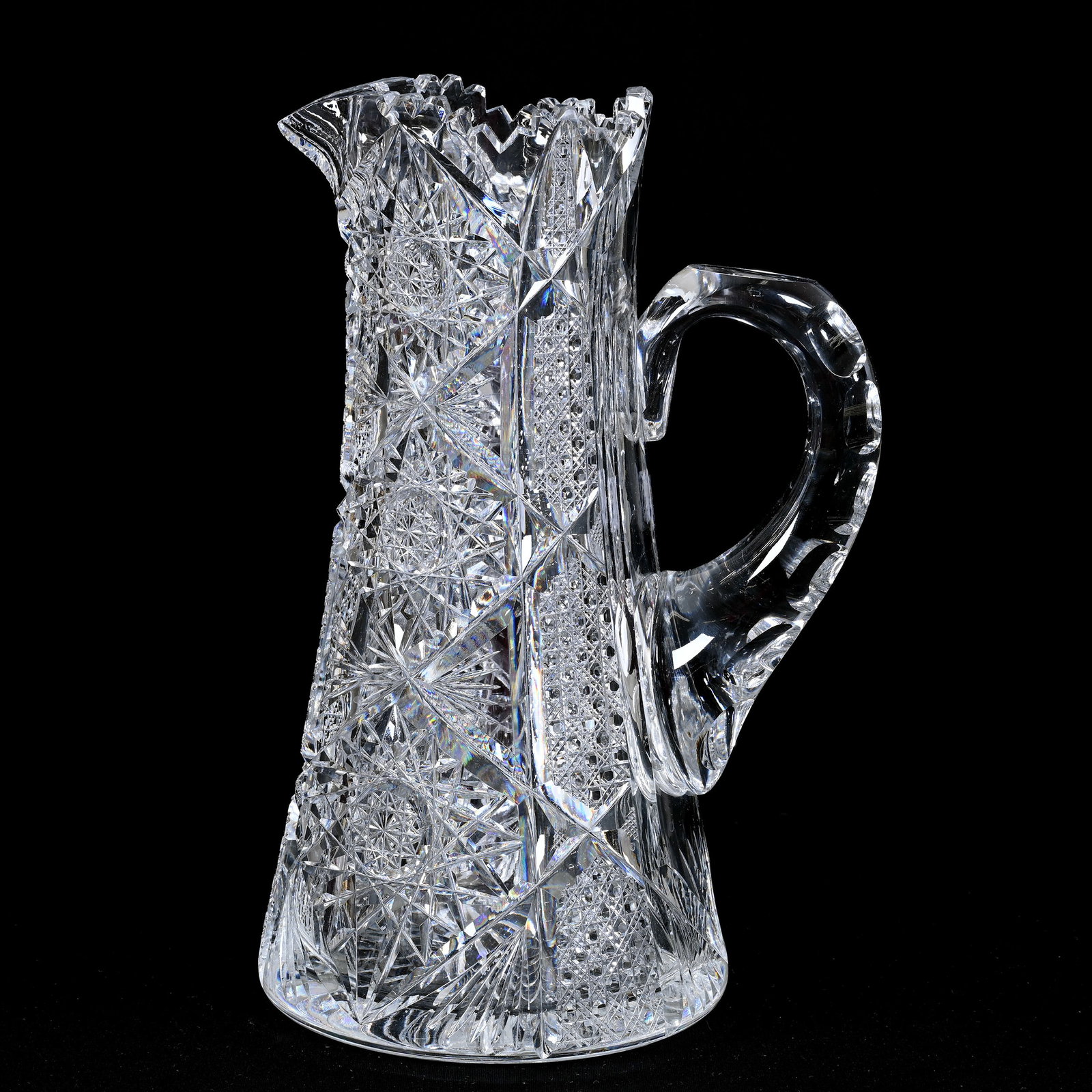 Tankard, American Brilliant Cut Glass: Tankard, American Brilliant Cut Glass, 11.5" x 7.5", Hobstar, Cane And Fan Motif, Double Notched Handle, Ray Cut Base, Clear Blank, Two Teeth With Chips, Private Illinois Collection.