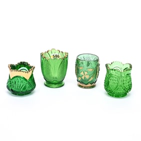 (4) Toothpick Holders, Green Pattern Glass