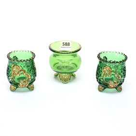 (3) Toothpick Holders, Green Pattern Glass