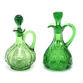 (2) Cruet Bottles, Green Pattern Glass