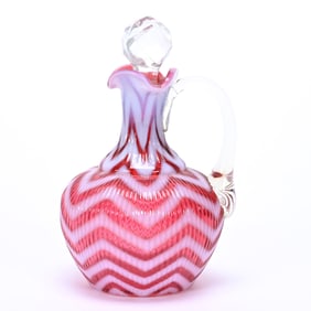 Cruet Bottle, Cranberry Opalescent Herringbone