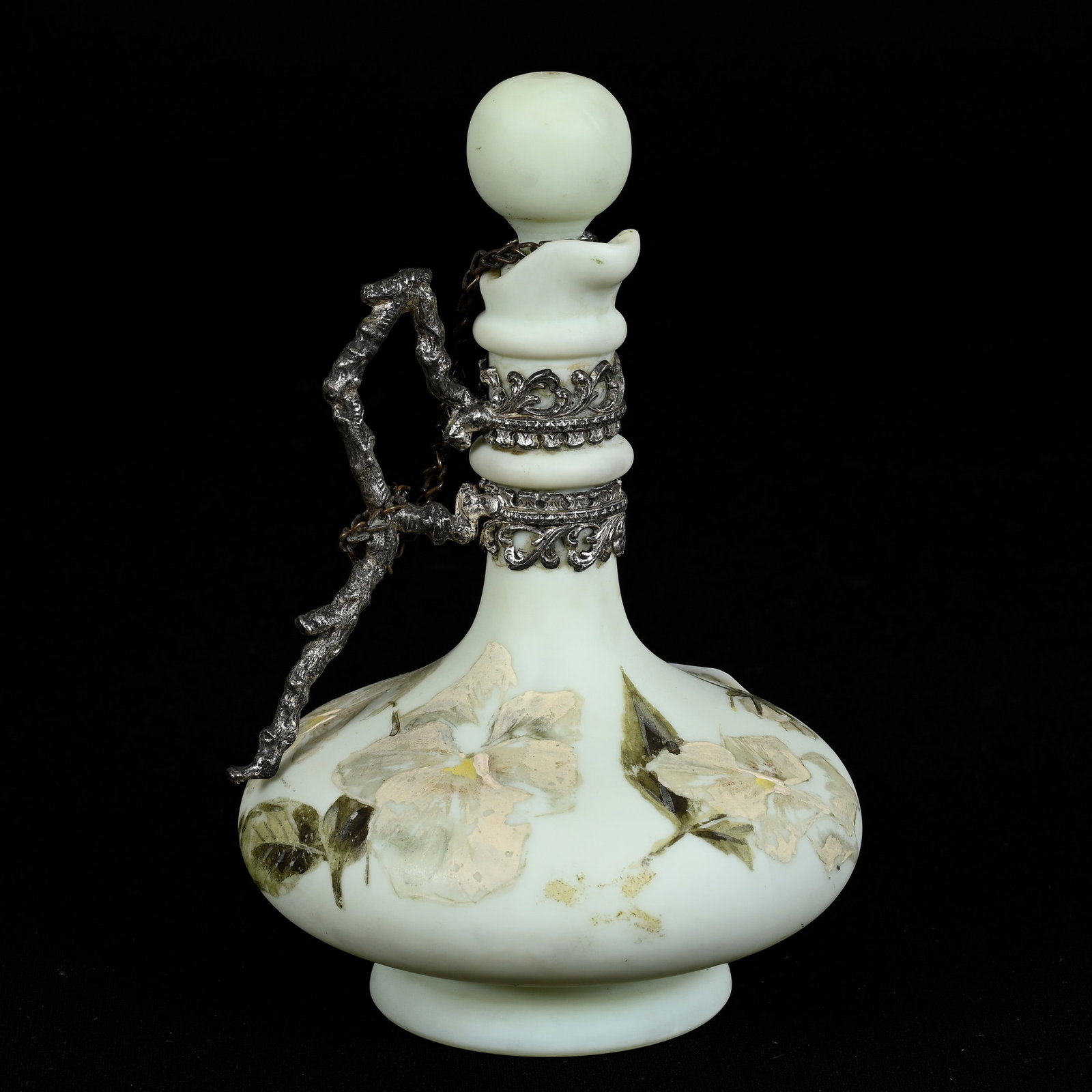Cruet Bottle, Unmarked C.F. Monroe Art Glass: Cruet Bottle, Unmarked C.F. Monroe Art Glass, 7" x 4.5", Pale Green Ground, Enamel Floral Decor, Silverplate Wrapped Handle, Original Stopper, Private Illinois Collection.