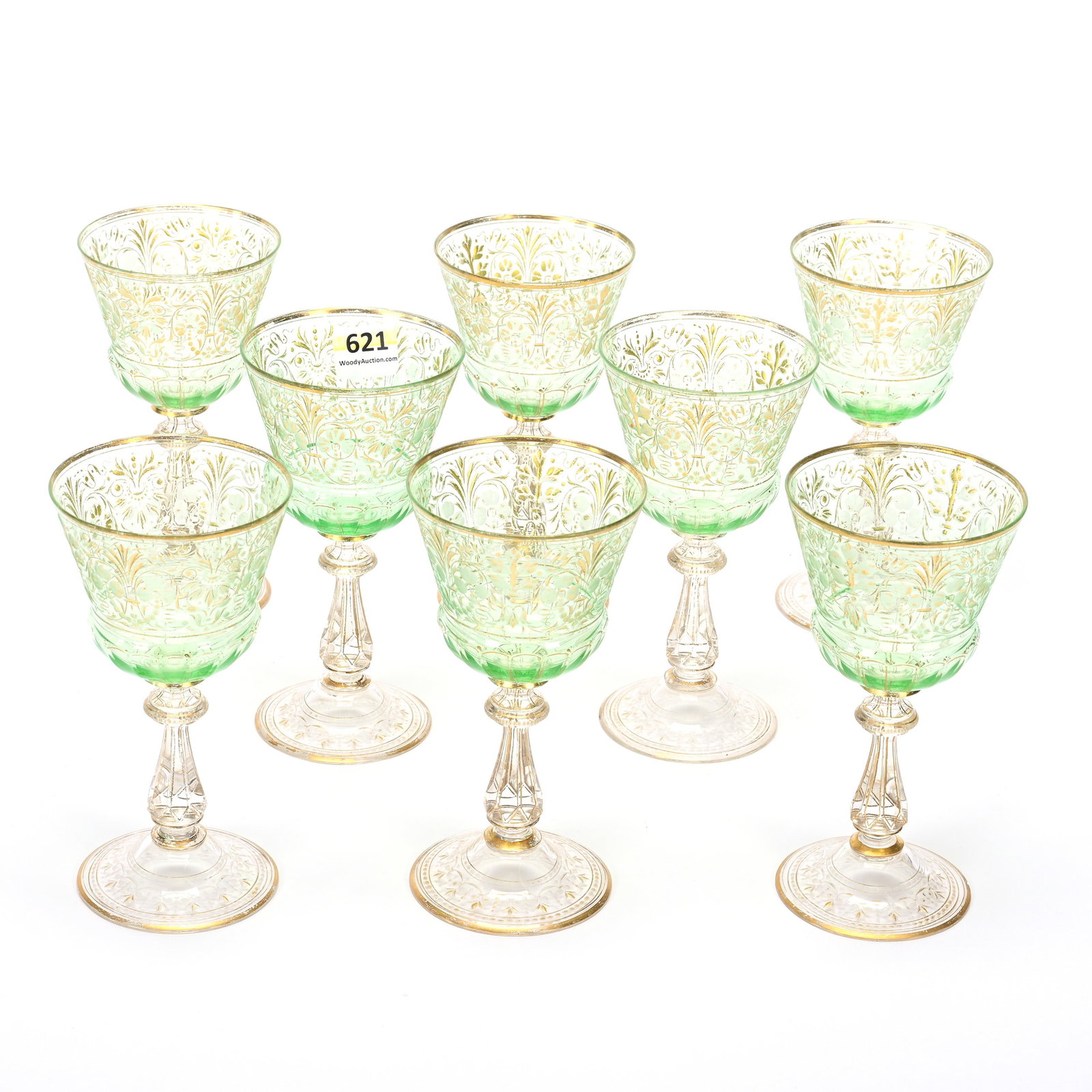 (8) Wine Stems, Art Glass: (8) Wine Stems, Art Glass, 5.5" x 3", Ice Green Bowl With Engraved Floral Design, Clear Stem And Foot, Gold Stencil Highlights, Highly Reactive Under Black Light, Private Illinois Collection.