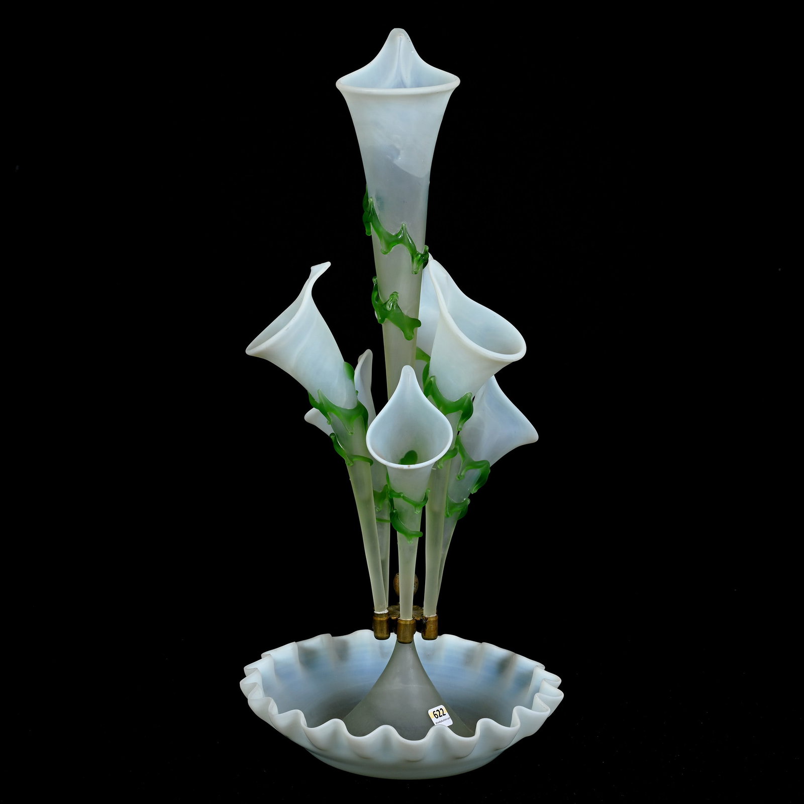 Epergne, Seven Lily, Art Glass: Epergne, Seven Lily, Art Glass, 22" x 10", Pale Green Opalescent Bowl And Lilies, Green Applied "Drip" Highlights, Private Illinois Collection.