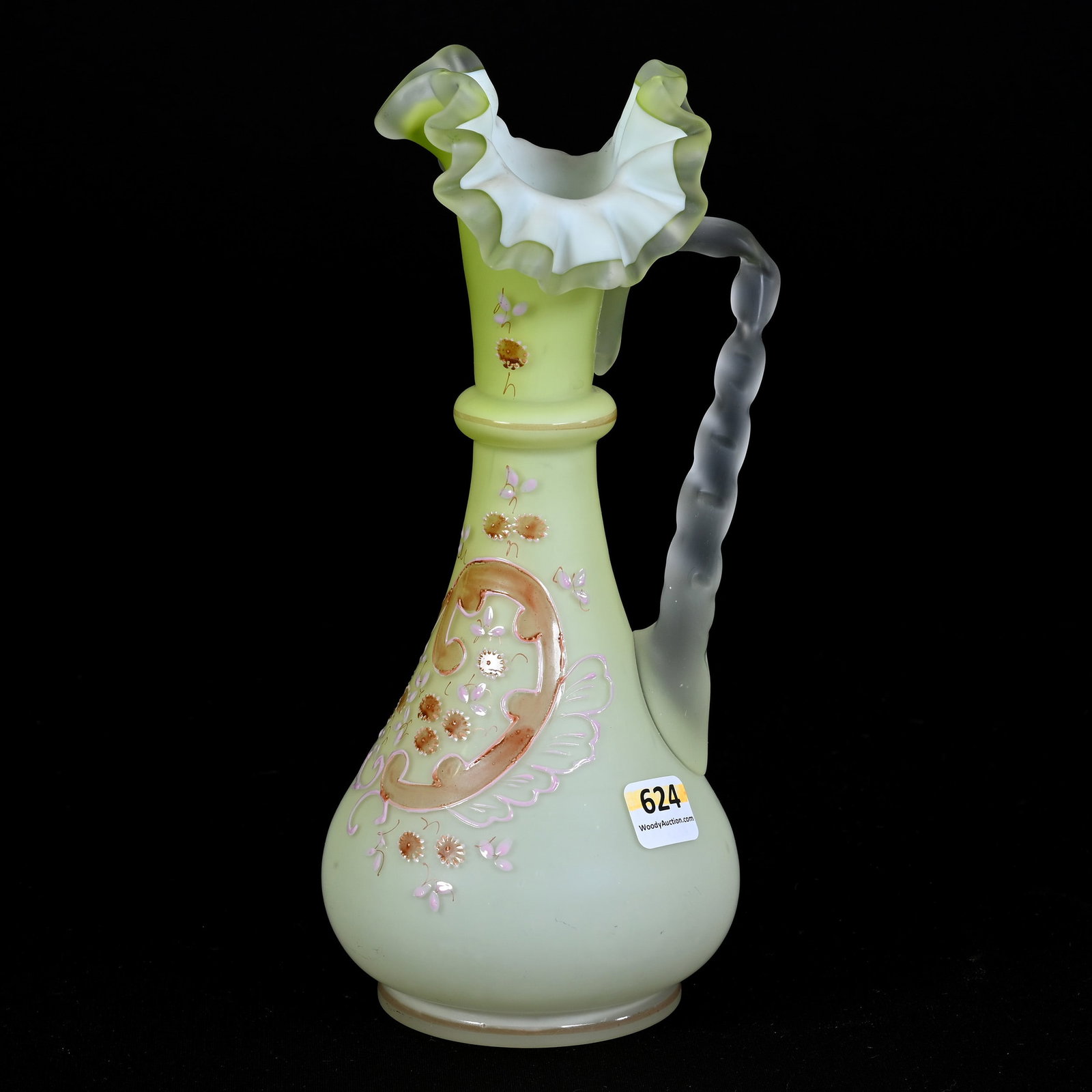 Ewer, Green Satin Art Glass: Ewer, Green Satin Art Glass, 9.75" x 4.25", Enamel Floral Decor, Private Illinois Collection.