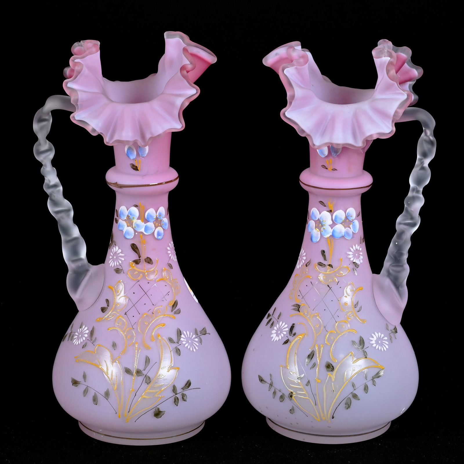 Pair Ewers, Pink Satin Art Glass: Pair Ewers, Pink Satin Art Glass, 9.5" X 4.5, Enamel Floral Decor, Mirror Images, Rim Chip On One, Private Illinois Collection.